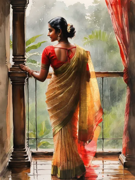 pastel watercolor sketch of a kerala woman kf age 40 wearing transparent saree she has almost striped that saree, her thighs vis...