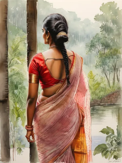 pastel watercolor sketch of a kerala woman kf age 40 wearing transparent saree she has almost striped that saree, her thighs vis...