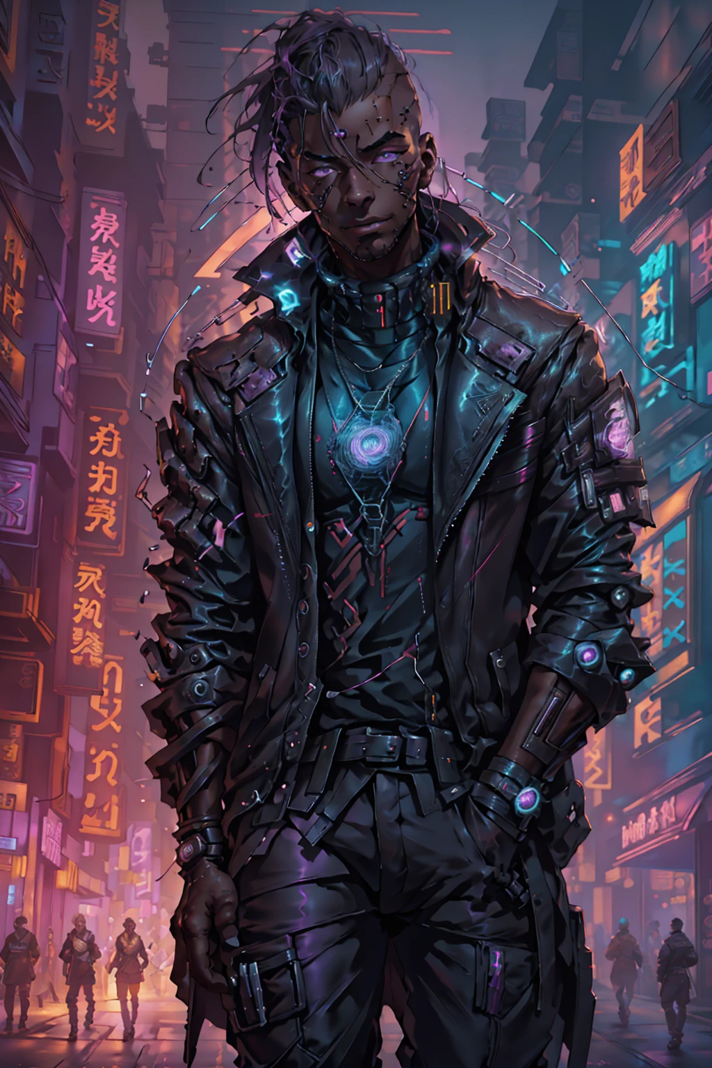 (meilleure qualité, chef-d&#39;œuvre, plein de détails), 1fille, illustration officielle de l&#39;art anime, Mâle afro-américain aux yeux violets, Homme à la peau foncée dans une veste en cuir de couleur marron marchant dans une rue, hyper-realistic Style cyberpunk, portrait d&#39;un homme cyberpunk, art cyberpunk ultraréaliste 8k, Style cyberpunk ， hyperréaliste, personnage cyberpunk, tendance sur artstation, personnage cinématographique complet, tendance sur artstation 4k, portrait d&#39;un cyborg cyberpunk, portrait cinématographique réaliste, héros cyberpunk parfaitement photoréaliste, incroyablement détaillé, 8k, UHD, chef-d&#39;œuvre, meilleure qualité, ultra détaillé, complexe,
