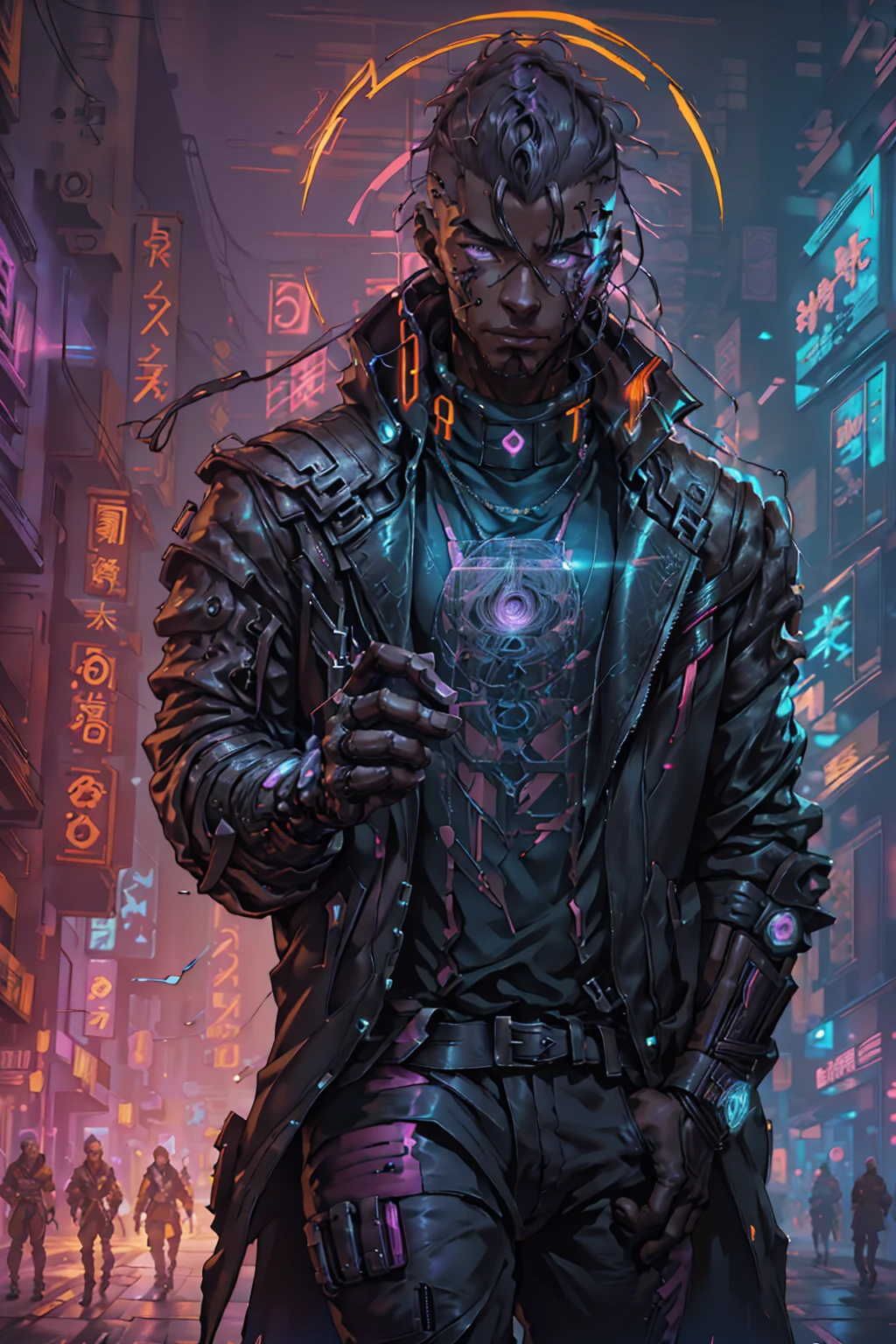 (beste Qualität, Meisterwerk, voller Details), 1 Mädchen, offizielle Anime-Kunstillustration, Afroamerikanischer Mann mit violetten Augen, Dunkelhäutiger Mann in kastanienbrauner Lederjacke läuft eine Straße entlang, hyper-realistic cyberpunk style, portrait of a cyberpunk man, cyberpunk art ultrarealistic 8k, cyberpunk style ， hyperrealistisch, Cyberpunk-Charakter, trendin auf Artstation, filmischer voller Charakter, Trends auf Artstation 4k, portrait of a cyberpunk cyborg, filmisch realistisches Portrait, Cyberpunk-Held perfekt fotorealistisch, unglaublich detailliert, 8k, UHD, Meisterwerk, beste Qualität, Extrem detailliert, kompliziert,