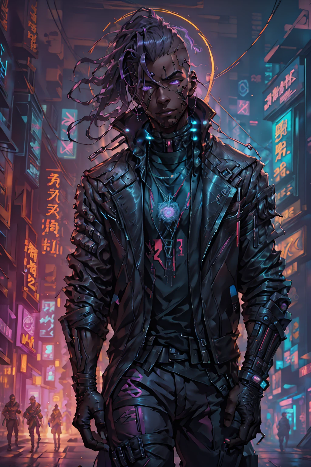 (melhor qualidade, Obra de arte, cheio de detalhes), 1 garota, ilustração oficial da arte do anime, Homem afro-americano com olhos roxos, Homem de pele escura com uma jaqueta de couro marrom andando por uma rua, hyper-realistic estilo ciberpunk, retrato de um homem cyberpunk, cyberpunk art ultrarealistic 8K, estilo ciberpunk ， hiperrealista, personagem ciberpunk, tendência na artstation, personagem completo cinematográfico, tendências no artstation 4k, retrato de um ciborgue cyberpunk, retrato realista cinematográfico, herói cyberpunk perfeitamente fotorrealista, incrivelmente detalhado, 8K, Ultra HD, Obra de arte, melhor qualidade, ultra detalhado, intricado,