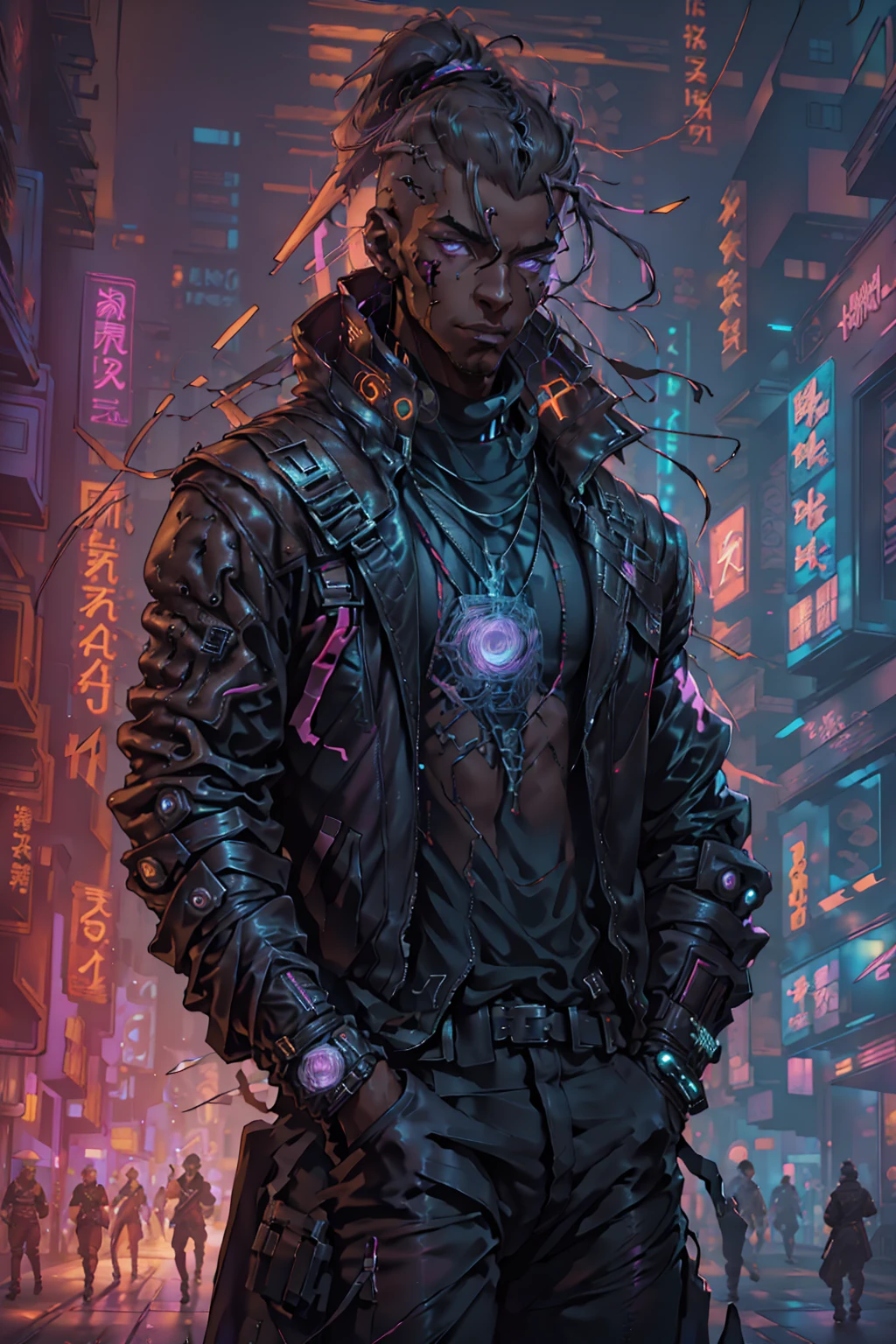 (beste Qualität, Meisterwerk, voller Details), 1 Mädchen, offizielle Anime-Kunstillustration, Afroamerikanischer Mann mit violetten Augen, Dunkelhäutiger Mann in kastanienbrauner Lederjacke läuft eine Straße entlang, hyper-realistic cyberpunk style, portrait of a cyberpunk man, cyberpunk art ultrarealistic 8k, cyberpunk style ， hyperrealistisch, Cyberpunk-Charakter, trendin auf Artstation, filmischer voller Charakter, Trends auf Artstation 4k, portrait of a cyberpunk cyborg, filmisch realistisches Portrait, Cyberpunk-Held perfekt fotorealistisch, unglaublich detailliert, 8k, UHD, Meisterwerk, beste Qualität, Extrem detailliert, kompliziert,