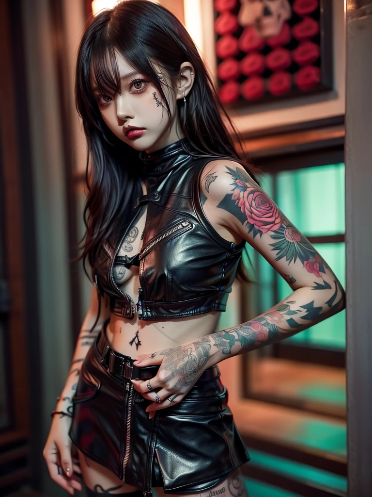 Tattoo Girl, Skull and rose tattoo 1.2、so beautiful, Murderous, good looking, betrayal, anger, Dark Background, 8k, Dynamic Wallpapers, Very delicate, Very dark full body shot、Leather tight mini skirt 1.5，