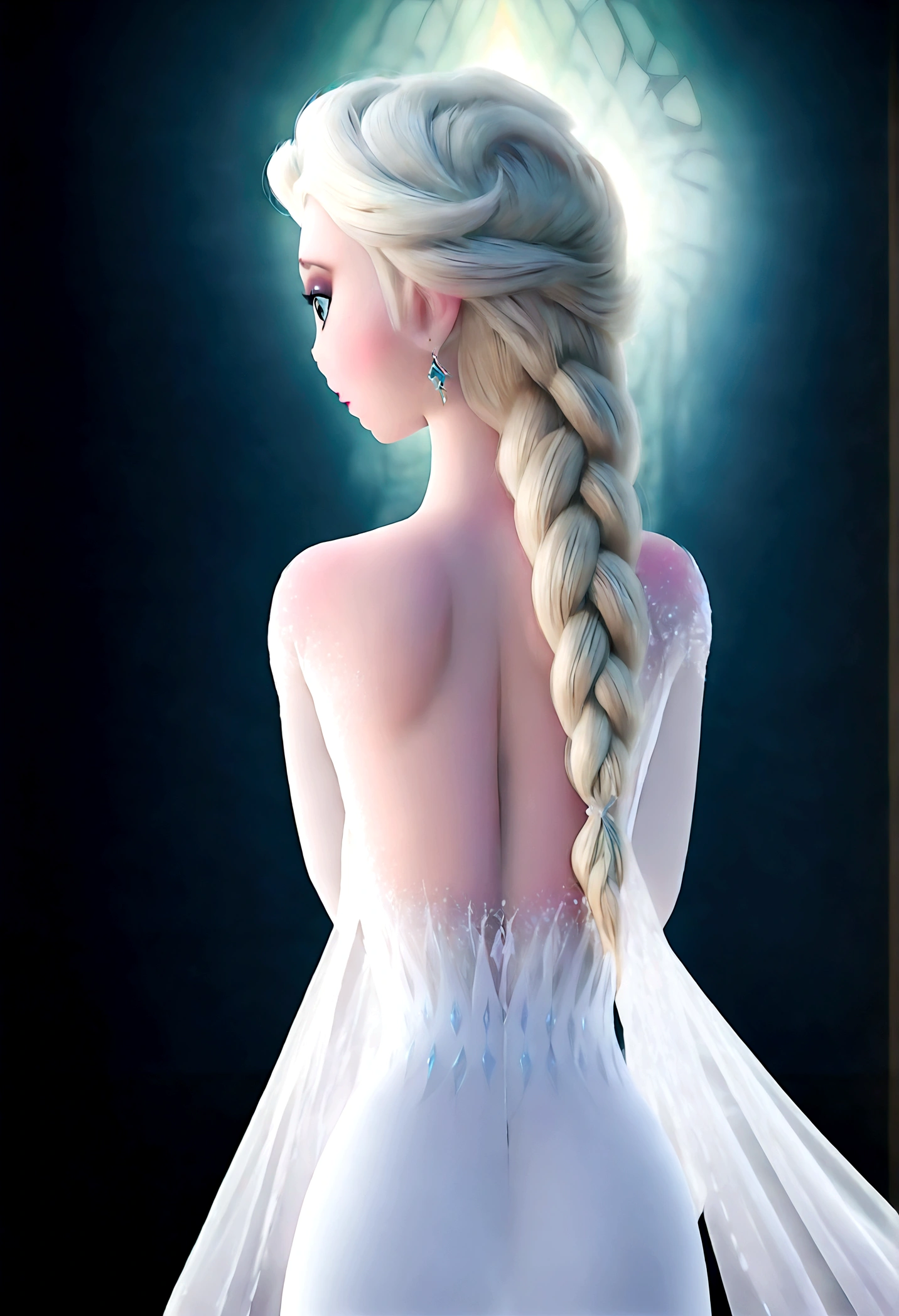 score_9, score_8_up, score_7_up, score_6_up, 1girl, Elsa \(frozen\) sit by frozen lake, (single braid), (White Dress), casting, spell, ice, snow, magic_circle, upper body, long hair, worm light, solo, disney, (Back View, from behind:1.4), anime screenshot, source_anime, dramatic composition, cinematic dynamic action scene, vibrant colors, cinematic lighting, dramatic lighting, best quality, masterpiece, very aesthetic, perfect composition, intricate details, ultra-detailed