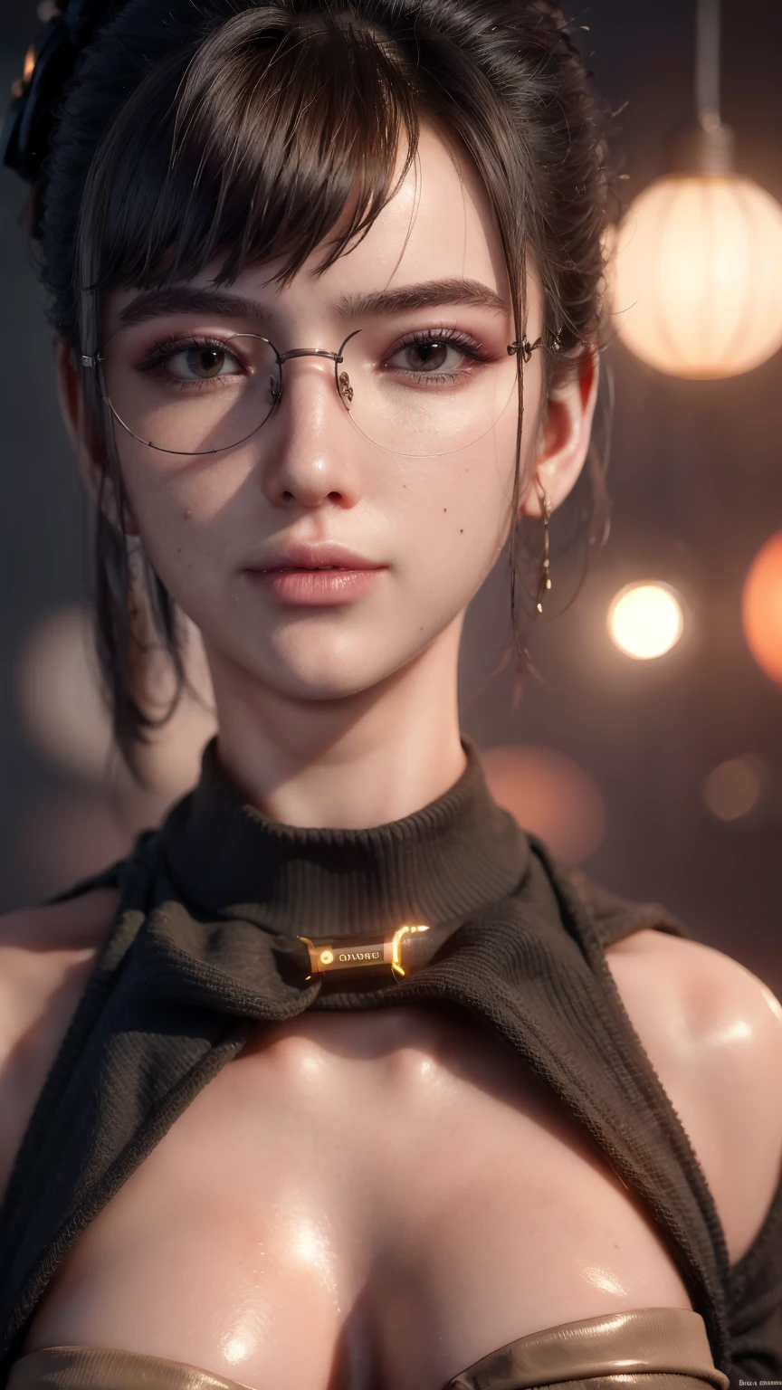 Masterpiece, portrait face, eve, stellar blade, fringe hair , ponytail hair,  black turtleneck shirt,  oiled skin , wet hair, posing , (light brown eyes), (medium closed smile), ((blushing cheeks)), woman looking camera, Woman with rectangular magnifying glasses with red frames, pink eyelid makeup, cinematic photo 8k, hdr, dark photo, color grading, cyberpunk bedroom, neon lighting,