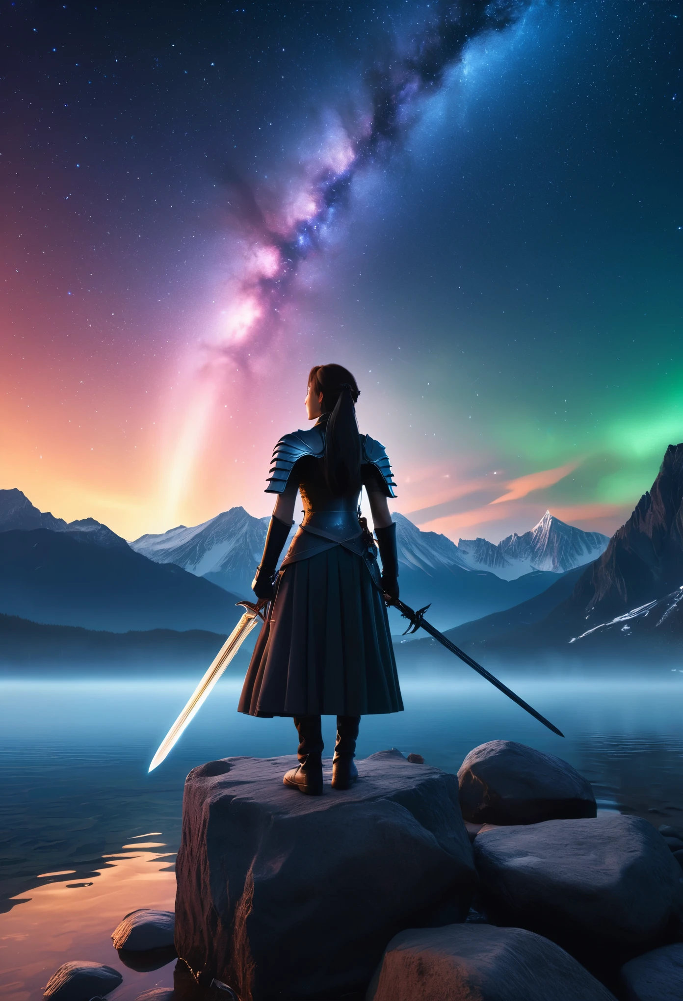 (8K, highest quality, masterpiece, final fantasy style: 1.2), (unrealistic, photorealistic: 1.37), (one mage lady standing on lake side, huge bouncing bust, Cover your whole body in light, with sword with fire, Her sword shines into the heavens:1.1), Dreamy landscape, Fantasy, Unsurreal landscapes, Super detailed, Flying medieval castle, Floating Island in the Sky, Seven-colored swirl of light, (Mr. Shooting Star.A small, shiny, long-tailed bird soaring through the sky:1.3), Aurora, Intense lightning, milky way, Complex Light, Mr.々Colored light, Large Lake, Starry sky reflected on the lake surface, Countless shining stars, Meteors, Many meteors, Aura of, (A pillar of light emanated from the ground:1,2), Complex SentencesMr.Magic Circle,