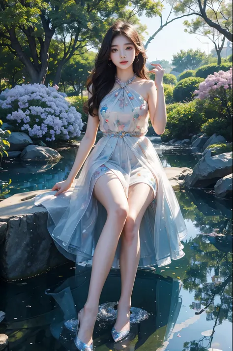 /I cute pretty beautiful gorgeous Korean female college students, crystal tree with crystal leaves and crystal branches, colourf...