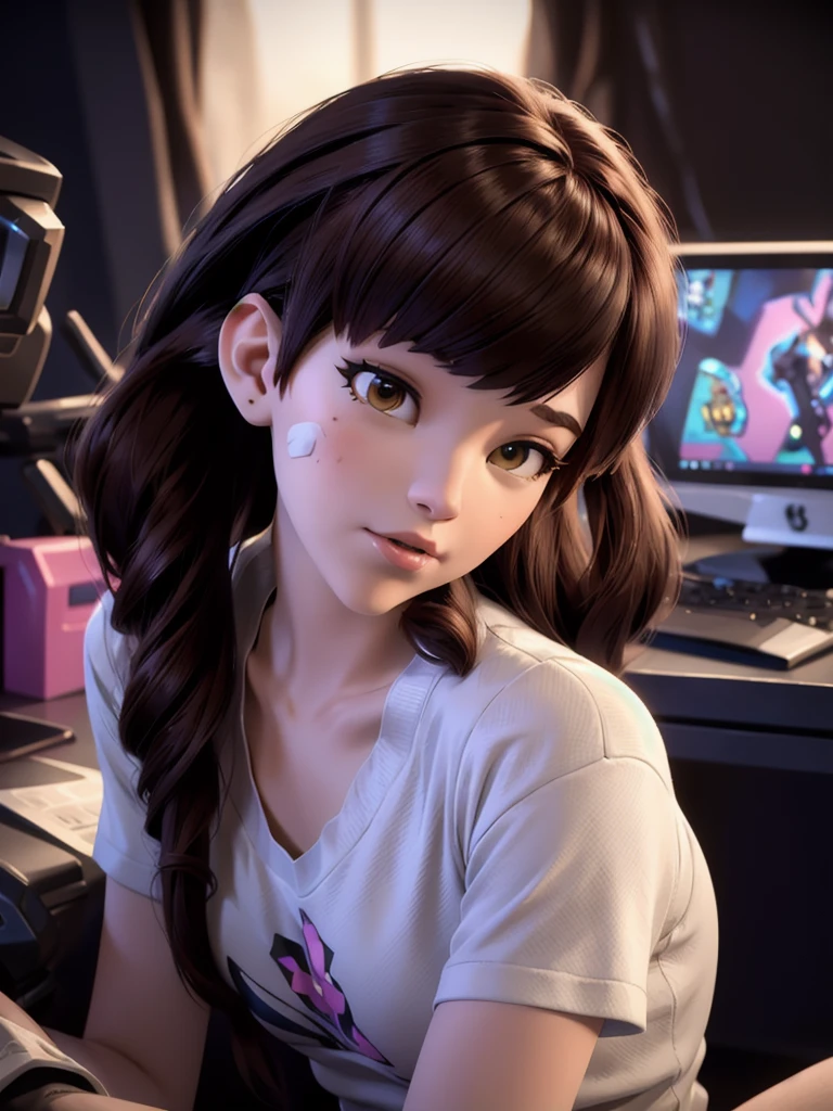 (DVA from Overwatch) without mech, a beautiful woman with short brown hair in a (ponytail), high quality refelctions, volumetric lighting, wearing a (plain white t-shirt), in her bedroom on her bed, 1 girl solo, cinematic lighting, high resolution, physically-based rendering, extremely detailed, 8k, volumetric lighting, hyperrealistic, detailed facial features, masterpiece, intricate details, full upper body, gaming setup in background, cinematic, you can see the fabric of the shirt and the knits very detailed, small breasts, nsfw