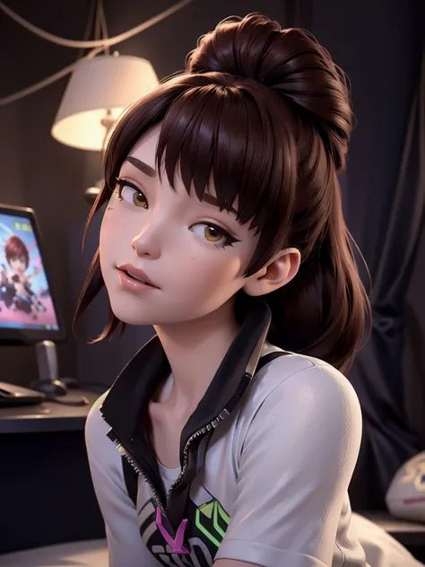 (DVA from Overwatch) without mech, a beautiful woman with short brown hair in a (ponytail), high quality refelctions, volumetric...