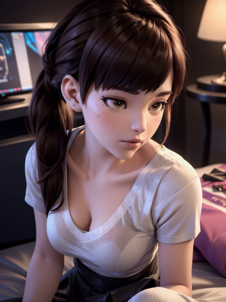 (DVA de Overwatch) sem mec, uma bela mulher com cabelo castanho curto em um (rabo de cavalo), reflexões de alta qualidade, iluminação volumétrica, vestindo um (Camiseta branca lisa), no quarto dela na cama dela, 1 garota sozinha, iluminação cinematográfica, Alta resolução, renderização baseada fisicamente, extremamente detalhado, 8K, iluminação volumétrica, hiperrealista, características faciais detalhadas, obra de arte, detalhes intrincados, parte superior do corpo completa, configuração de jogo em segundo plano, cinematic, você pode ver o tecido da camisa e as malhas bem detalhadas, seios pequenos, NSFW