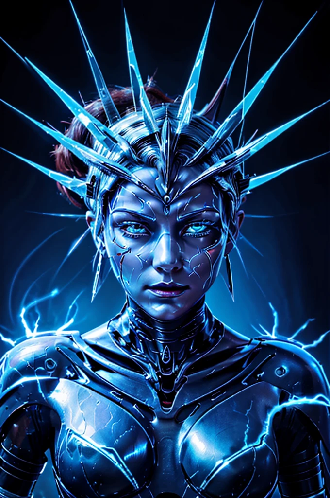 This is an artistic digital illustration portraying the bust of a female figure with cybernetic enhancements and an elaborate mechanical headdress. The figure's facial expression is passive yet intense, with striking red eyes and blue makeup accentuating her features against the contrasting cool metallic tones of the machinery. Rich in detail, the artwork blends organic and mechanical aesthetics, combining smooth human skin with intricate gears, wires, and dripping.