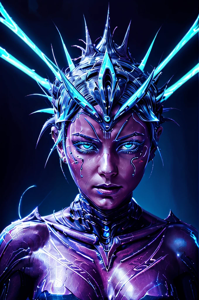 This is an artistic digital illustration portraying the bust of a female figure with cybernetic enhancements and an elaborate mechanical headdress. The figure's facial expression is passive yet intense, with striking red eyes and blue makeup accentuating her features against the contrasting cool metallic tones of the machinery. Rich in detail, the artwork blends organic and mechanical aesthetics, combining smooth human skin with intricate gears, wires, and dripping.