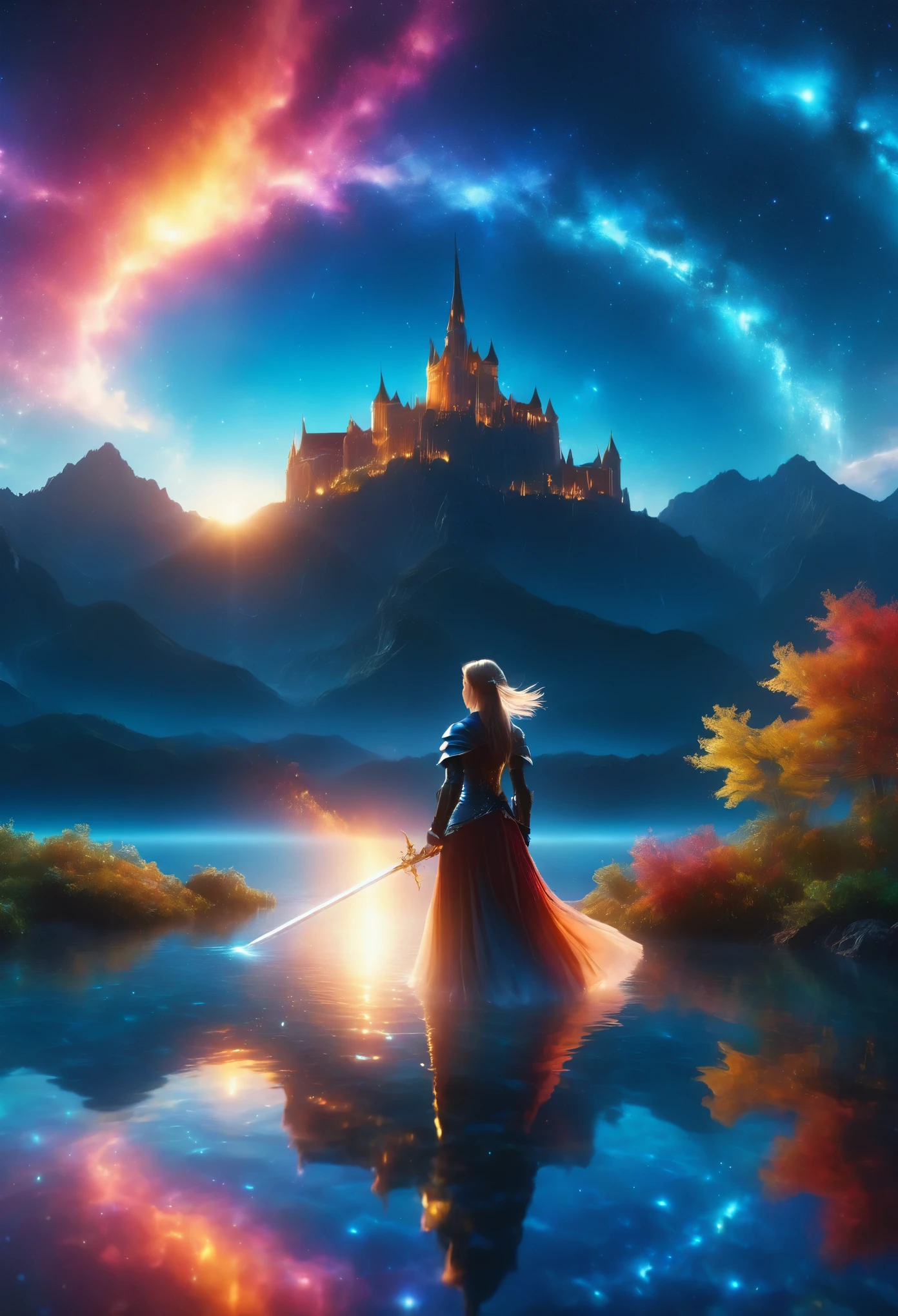 (8K, highest quality, masterpiece, final fantasy style: 1.2), (unrealistic, photorealistic: 1.37), (one mage lady standing on lake side, huge bouncing bust, Cover your whole body in light, with sword with fire, Her sword shines into the heavens:1.1), Dreamy landscape, Fantasy, Unsurreal landscapes, Super detailed, Flying medieval castle, Floating Island in the Sky, Seven-colored swirl of light, (Mr. Shooting Star.A small, shiny, long-tailed bird soaring through the sky:1.3), Aurora, Intense lightning, milky way, Complex Light, Mr.々Colored light, Large Lake, Starry sky reflected on the lake surface, Countless shining stars, Meteors, Many meteors, Aura of, (A pillar of light emanated from the ground:1,2), Complex SentencesMr.Magic Circle,