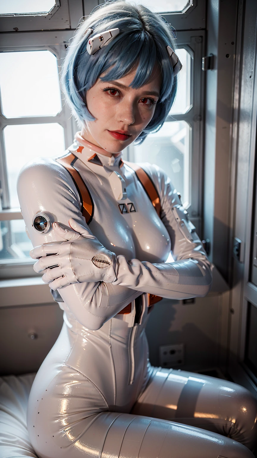 (Meisterwerk), (beste Qualität), (rote Augen), (epiCRealLife), (roter Lippenstift), (j4nu4ryj0n3s) (junge Frau), (Europäisches Modell), (Steckeranzug), (Ayanami_rei plugsuit), Schnittstelle Headset, Weißer Body),(Weiße Handschuhe) (rote Augen), (Blaue Haare), (mittlere Brüste),(Blitzlichtfotografie), (natürliches Licht), (reichlich Lichter),( Leichtes Lächeln), (fürs Bild posieren), (Weiße Handschuhe), (Leichtes Lächeln), (in einem Raumschiffraum), (Von der Seite), (auf dem Bett liegen), (Innenraum der Raumstation), (Fenster), (Raumschiff-Szene)