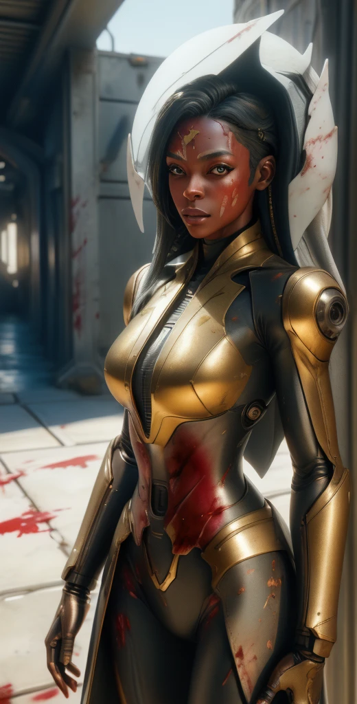 1 girl, solo, (look at viewer), ((Best quality)), ((masterpiece)), (detailed:1.4), ((upper body)), 3D, an image of a beautiful cyberpunk female,HDR (High Dynamic Range), Ray Tracing,NVIDIA RTX,Super-Resolution,Unreal 5,Subsurface scattering,PBR Texturing,Post-processing,Anisotropic Filtering,Depth-of-field,Maximum clarity and sharpness,Multi-layered textures,Albedo and Specular maps,Surface shading,Accurate simulation of light-material interaction,Perfect proportions,Octane Render,Two-tone lighting,Wide aperture,Low ISO,White balance,Rule of thirds,8K RAW, (((blood eyes))), , mechanical parts ahsoka, (dark skin:1.2), blood eyes, , medium breasts, bloodgold/black bodysuit, belt, (( bloodgold amor)) joints, body suit
