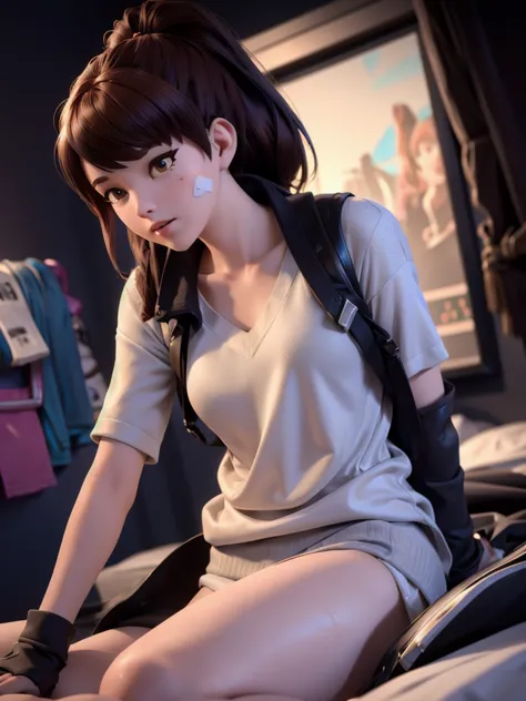 (DVA from Overwatch) without mech, a beautiful woman with short brown hair in a (ponytail), high quality refelctions, volumetric...