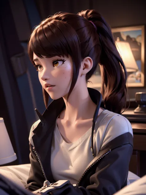 (DVA from Overwatch) without mech, a beautiful woman with short brown hair in a (ponytail), high quality refelctions, volumetric...