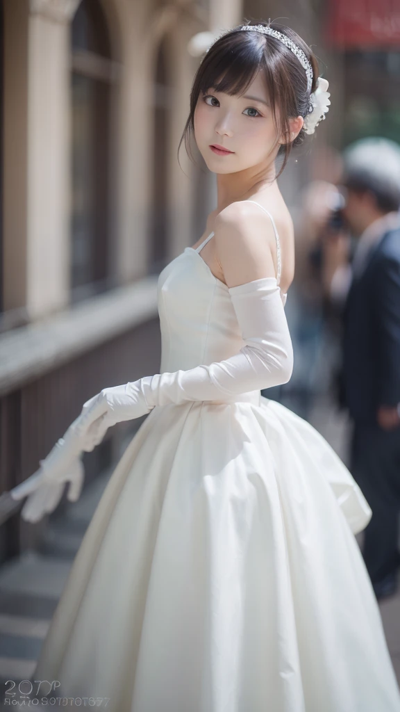 (photograph realistic:1.55), masterpiece, highest quality, detailed, Blurry, depth_of_Field, Blurry_background, Blurry_prospect, 1人of女of子, gloves, white_gloves, dress, motion_Blur, photograph_(Moderate), alone, white_dress