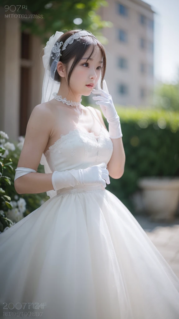 (photograph realistic:1.55), masterpiece, highest quality, detailed, Blurry, depth_of_Field, Blurry_background, Blurry_prospect, 1人of女of子, gloves, white_gloves, dress, motion_Blur, photograph_(Moderate), alone, white_dress