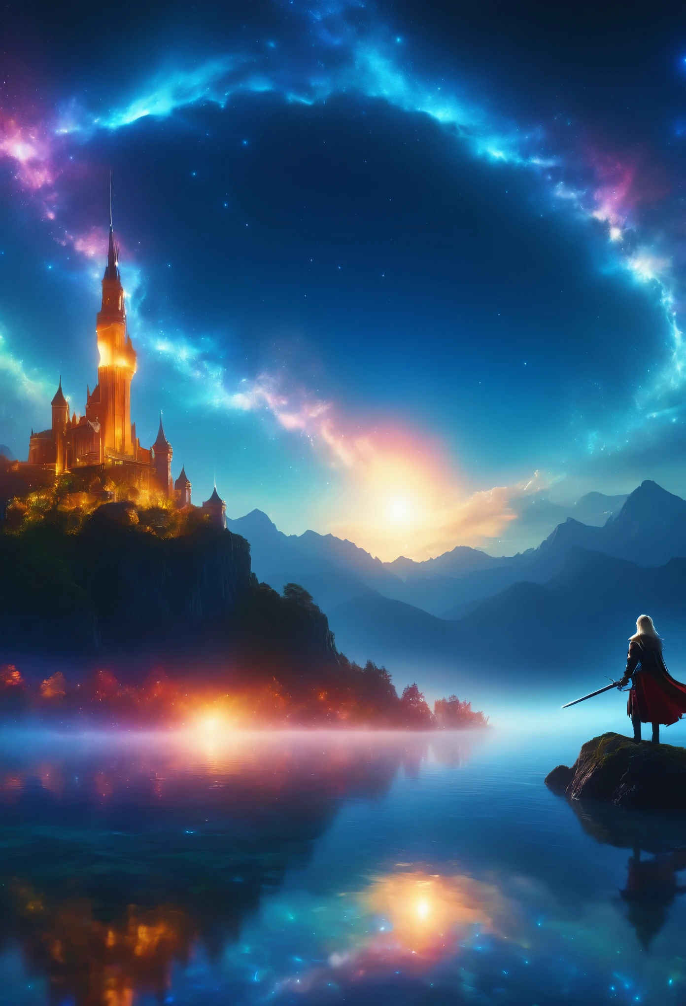(8K, highest quality, masterpiece, final fantasy style: 1.2), (unrealistic, photorealistic: 1.37), (one mage lady standing on lake side, huge bouncing bust, Cover your whole body in light, Magic Swordsman, with sword with fire, Her sword shines into the heavens:1.1), Dreamy landscape, Fantasy, Unsurreal landscapes, Super detailed, Flying medieval castle, Floating Island in the Sky, Seven-colored swirl of light, (Mr. Shooting Star.A small, shiny, long-tailed bird soaring through the sky:1.3), Aurora, Intense lightning, milky way, Complex Light, Mr.々Colored light, Large Lake, Starry sky reflected on the lake surface, Countless shining stars, Meteors, Many meteors, Aura of, (A pillar of light emanated from the ground:1,2), Complex SentencesMr.Magic Circle,