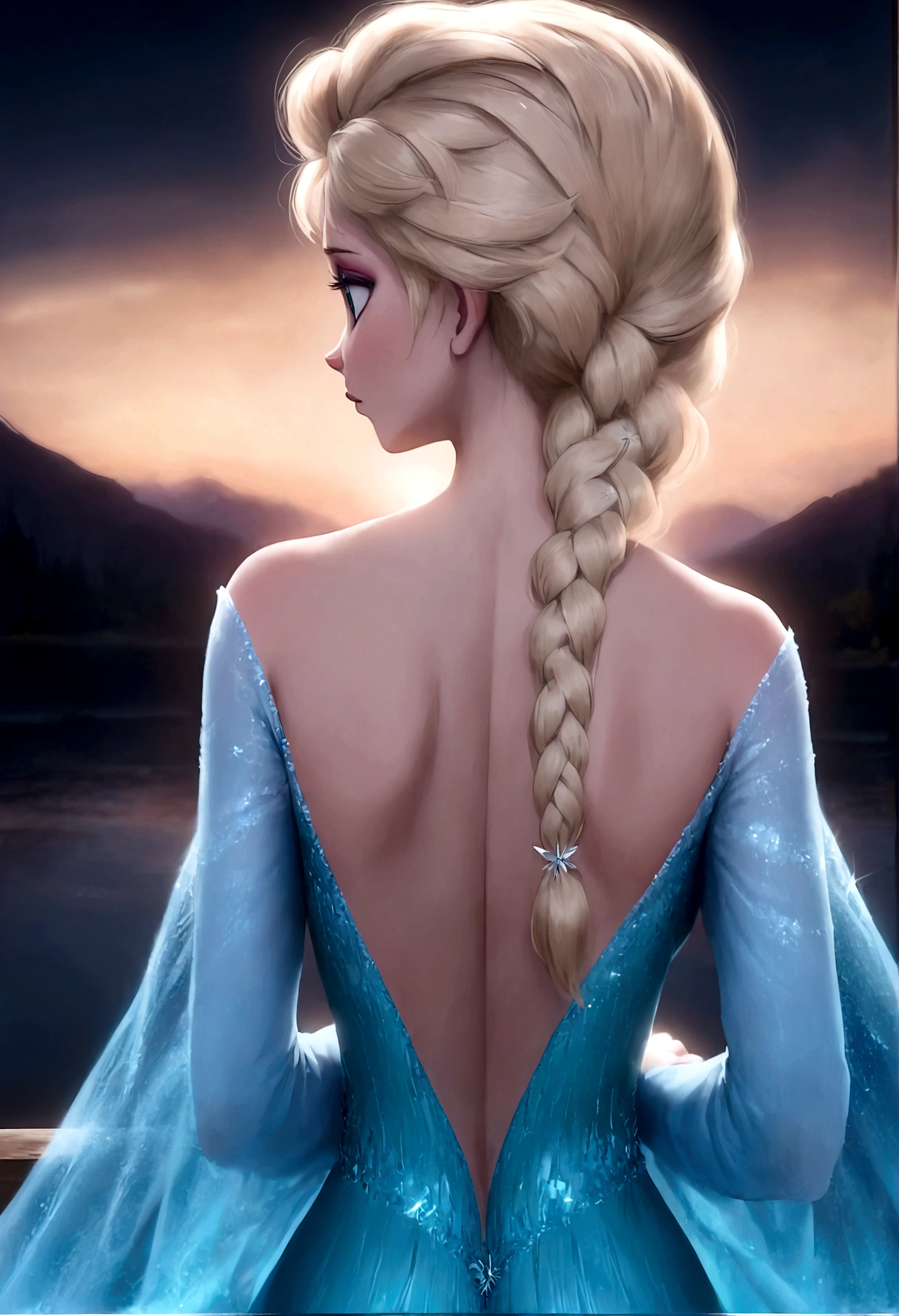 score_9, score_8_up, score_7_up, score_6_up, 1girl, Elsa \(frozen\) sit by frozen lake, (single braid), (White Dress), casting, spell, ice, snow, magic_circle, upper body, long hair, worm light, solo, disney, (Back View, from behind:1.4), anime screenshot, source_anime, dramatic composition, cinematic dynamic action scene, vibrant colors, cinematic lighting, dramatic lighting, best quality, masterpiece, very aesthetic, perfect composition, intricate details, ultra-detailed