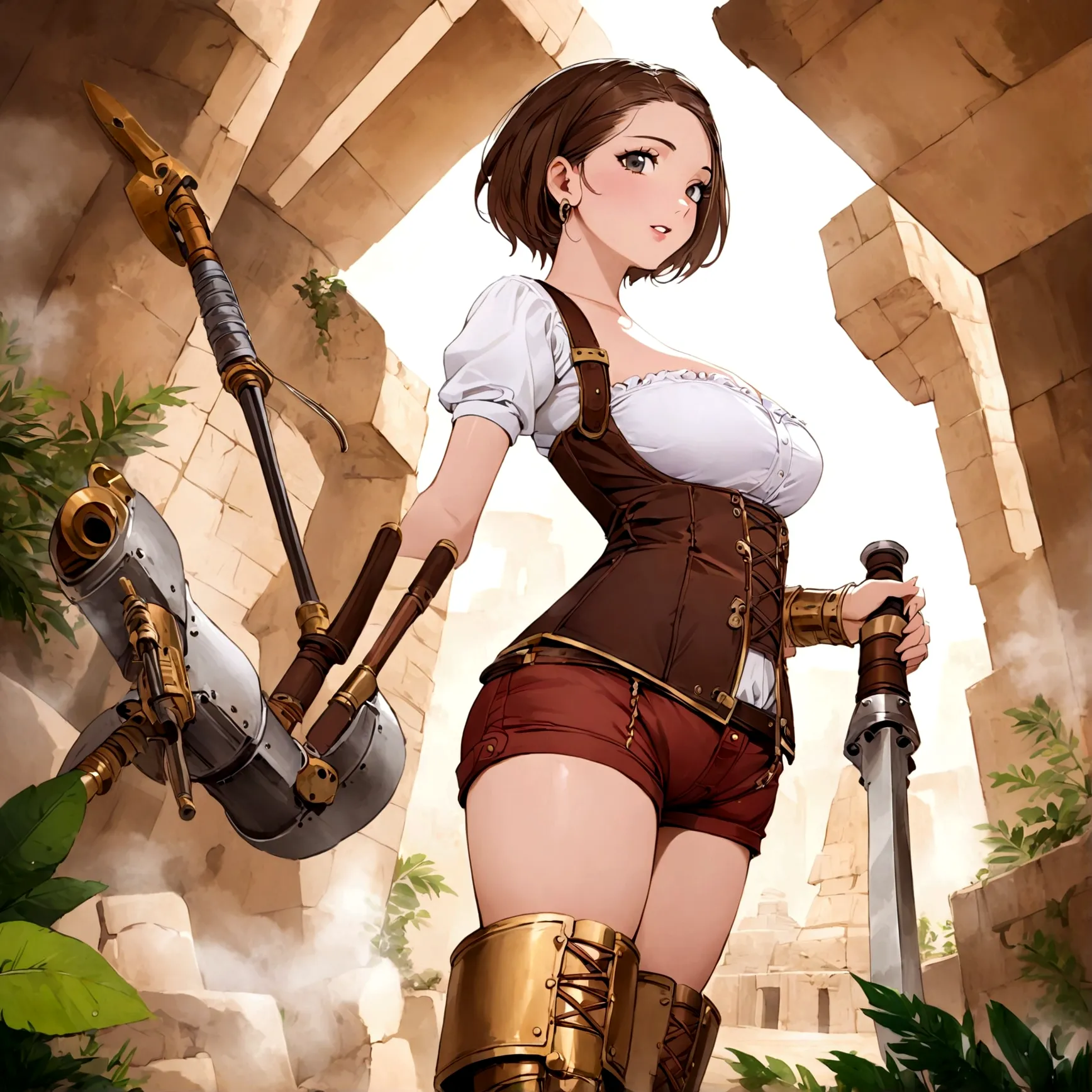 a cute woman is a steam punk adventurer (british shorts, mechanical belt, corset, steam boots, weapons and tools), ancient mayan...