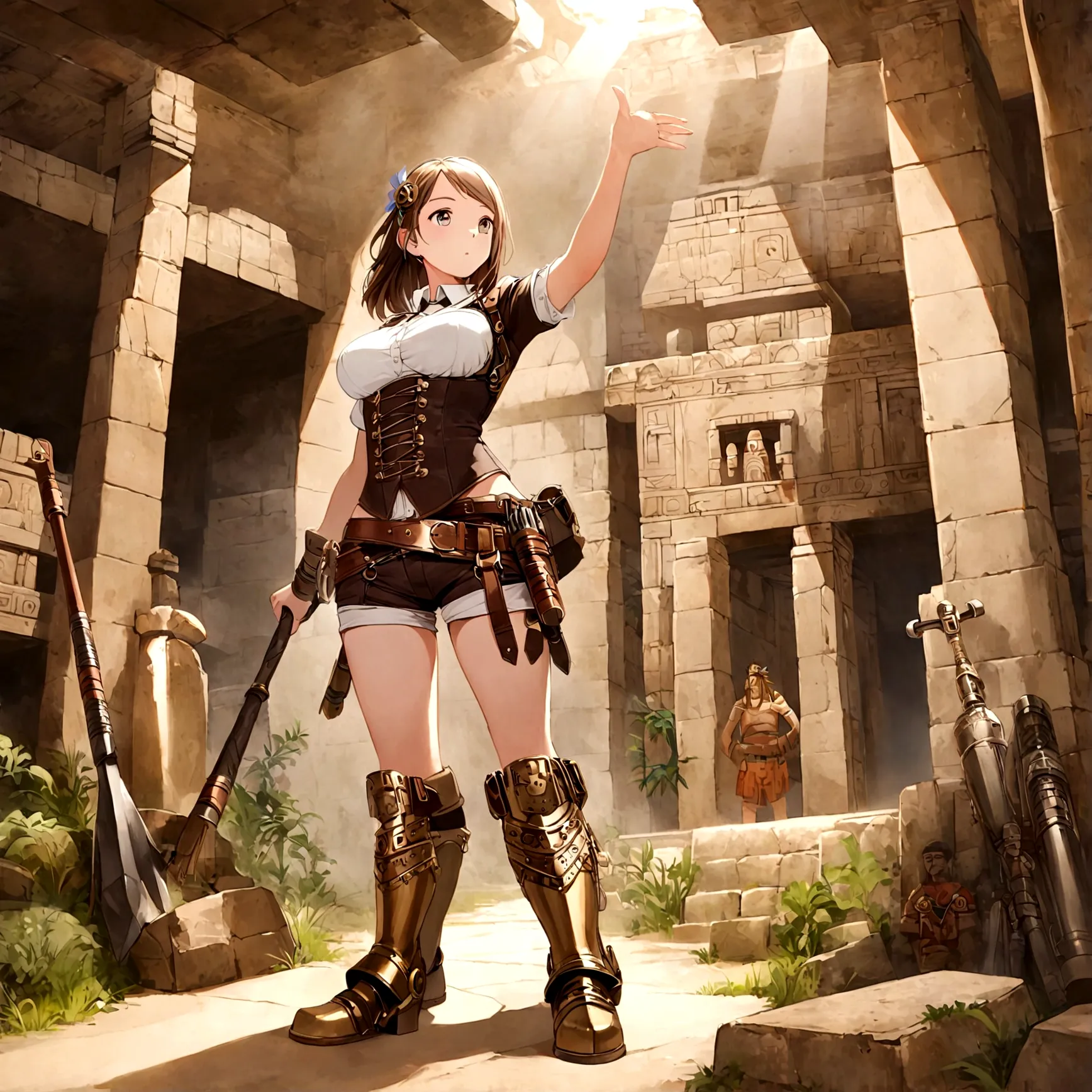 a cute woman is a steam punk adventurer (british shorts, mechanical belt, corset, steam boots, weapons and tools), ancient mayan...