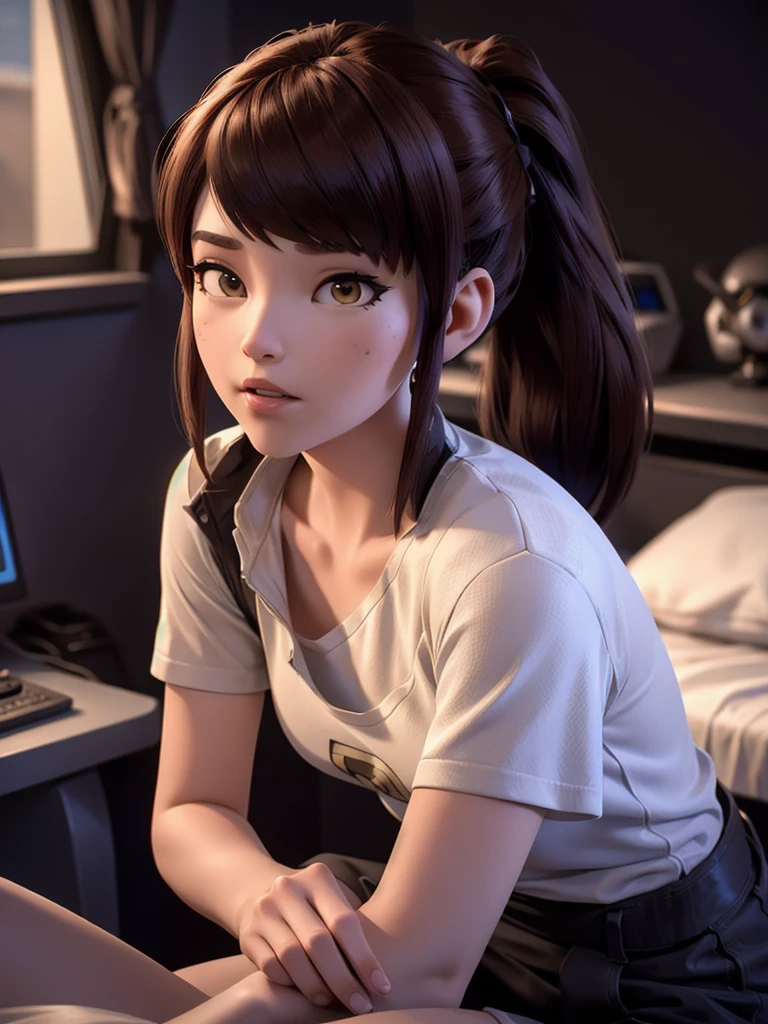 (DVA from Overwatch) without mech, a beautiful woman with short brown hair in a (ponytail), high quality refelctions, volumetric lighting, wearing a (plain white t-shirt), in her bedroom on her bed, 1 girl solo, cinematic lighting, high resolution, physically-based rendering, extremely detailed, 8k, volumetric lighting, hyperrealistic, detailed facial features, masterpiece, intricate details, full upper body, gaming setup in background, cinematic, you can see the fabric of the shirt and the knits very detailed, small breasts, nsfw, the focus is on her whole body and the environment, cinematic screenshot