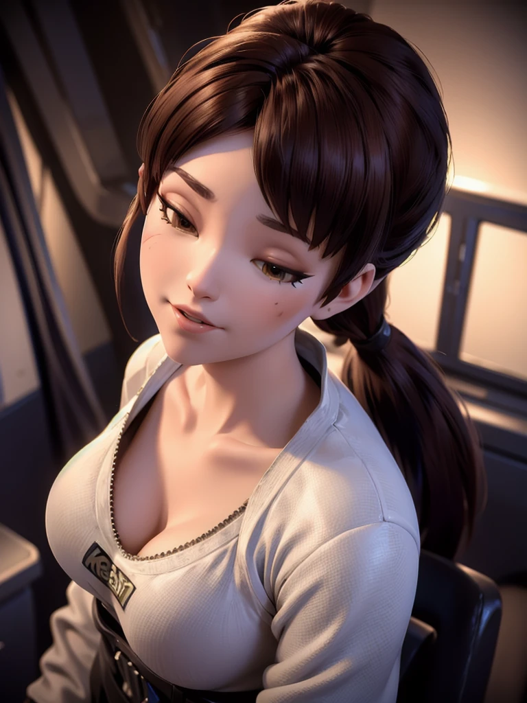 (DVA от Overwatch) без механизма, красивая женщина с короткими каштановыми волосами в (конский хвост), качественные размышления, Объемное освещение, носить (Простая белая футболка), в ее спальне, на ее кровати, 1 девушка соло, кинематографический lighting, Высокое разрешение, физически обоснованный рендеринг, чрезвычайно подробный, 8К, Объемное освещение, гиперреалистичный, подробные черты лица, шедевр, сложные детали, полная верхняя часть тела, настройка игры в фоновом режиме, кинематографический, вы можете очень подробно рассмотреть ткань рубашки и трикотаж, Маленькая грудь, нсфв, основное внимание уделяется всему ее телу и окружающей среде, кинематографический screenshot