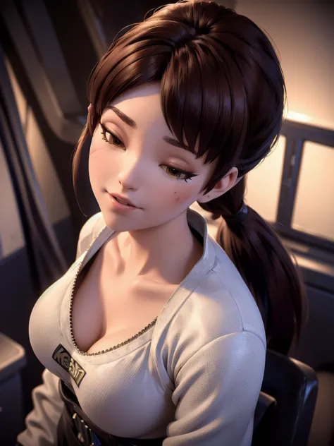 (DVA from Overwatch) without mech, a beautiful woman with short brown hair in a (ponytail), high quality refelctions, volumetric...