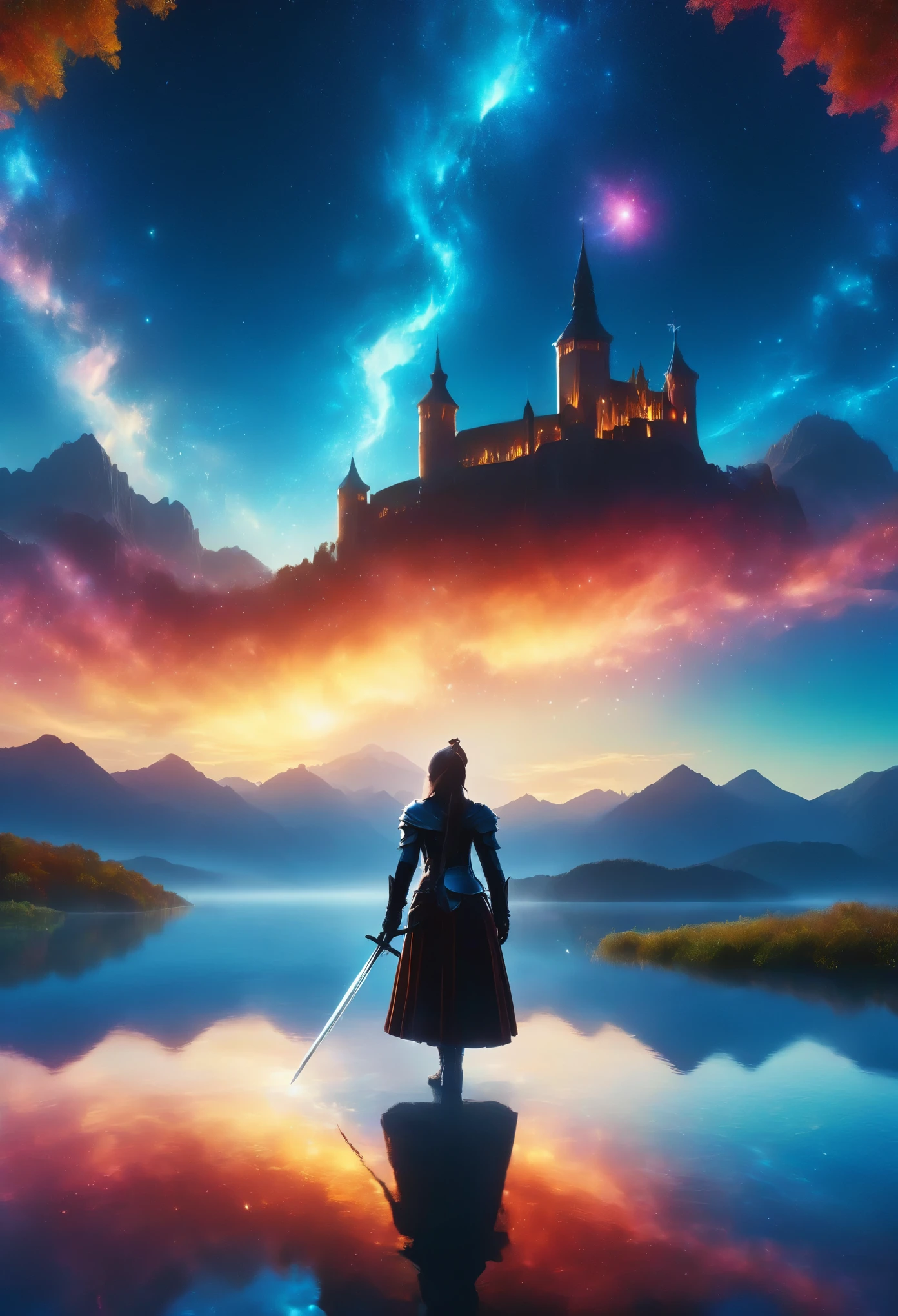 (8K, highest quality, masterpiece, final fantasy style: 1.2), (unrealistic, photorealistic: 1.37), (one mage lady standing on lake side, huge bouncing bust, Cover your whole body in light, Magic Swordsman, with sword with fire, Her sword shines into the heavens:1.1), Dreamy landscape, Fantasy, Unsurreal landscapes, Super detailed, Flying medieval castle, Floating Island in the Sky, Seven-colored swirl of light, (Mr. Shooting Star.A small, shiny, long-tailed bird soaring through the sky:1.3), Aurora, Intense lightning, milky way, Complex Light, Mr.々Colored light, Large Lake, Starry sky reflected on the lake surface, Countless shining stars, Meteors, Many meteors, Aura of, (A pillar of light emanated from the ground:1,2), Complex SentencesMr.Magic Circle,