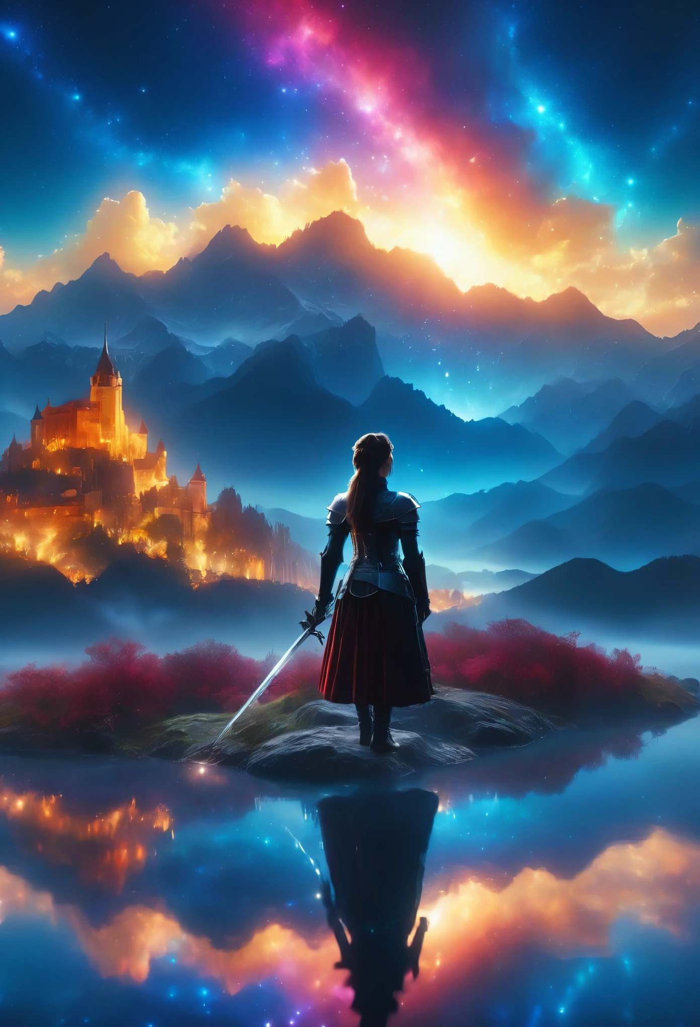 (8K, highest quality, masterpiece, final fantasy style: 1.2), (unrealistic, photorealistic: 1.37), (one mage lady standing on lake side, huge bouncing bust, Cover your whole body in light, Magic Swordsman, with sword with fire, Her sword shines into the heavens:1.1), Dreamy landscape, Fantasy, Unsurreal landscapes, Super detailed, Flying medieval castle, Floating Island in the Sky, Seven-colored swirl of light, (Mr. Shooting Star.A small, shiny, long-tailed bird soaring through the sky:1.3), Aurora, Intense lightning, milky way, Complex Light, Mr.々Colored light, Large Lake, Starry sky reflected on the lake surface, Countless shining stars, Meteors, Many meteors, Aura of, (A pillar of light emanated from the ground:1,2), Complex SentencesMr.Magic Circle,