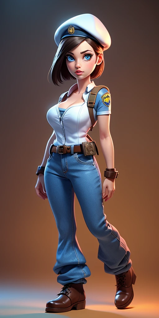 Jill Valentine, full body, masterpiece, best quality, 1girl, solo, standing, jillre1, beret, uniform, shoulder pads, short sleeves, harness, belt, bell-bottom blue pants(Wide flares on pants:1.2), cleavage, black boots, full body, perfect blue eyes, perfect red mouth,
