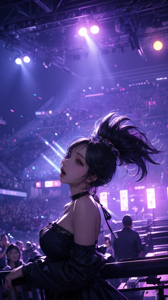 splash art style, original art, (((neon color))) , 1 women, 4k, ((low pov, low shot, low angle, dynamic angle)), ((very dark environment)), red medium hime cut, hime cut hair, rock music conert, Super detailed, purple neon color, loud music,screaming fans,Huge speakers, Smoke and fog effects, huge concert stage, Powerful vocal performance,the stadium has a full crowd,thousands of fans,Roaring crowd, in a stage with large screen in the background showing the show. ((visual effect)), dark environment with neon lighting, neon, big stadium concert venue, singer, rockstar, concert, beautiful lighting effect, sexy, (((seductive))), ultra detailed, sexy black dress, strapless tube top dress, beutiful pose, cinematic, action.