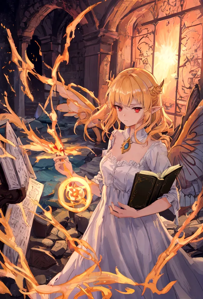 fairy girl with wings and a book in hand, classic long dress, fairy wings, red eyes and blonde hair, golden hair, serious face, ...