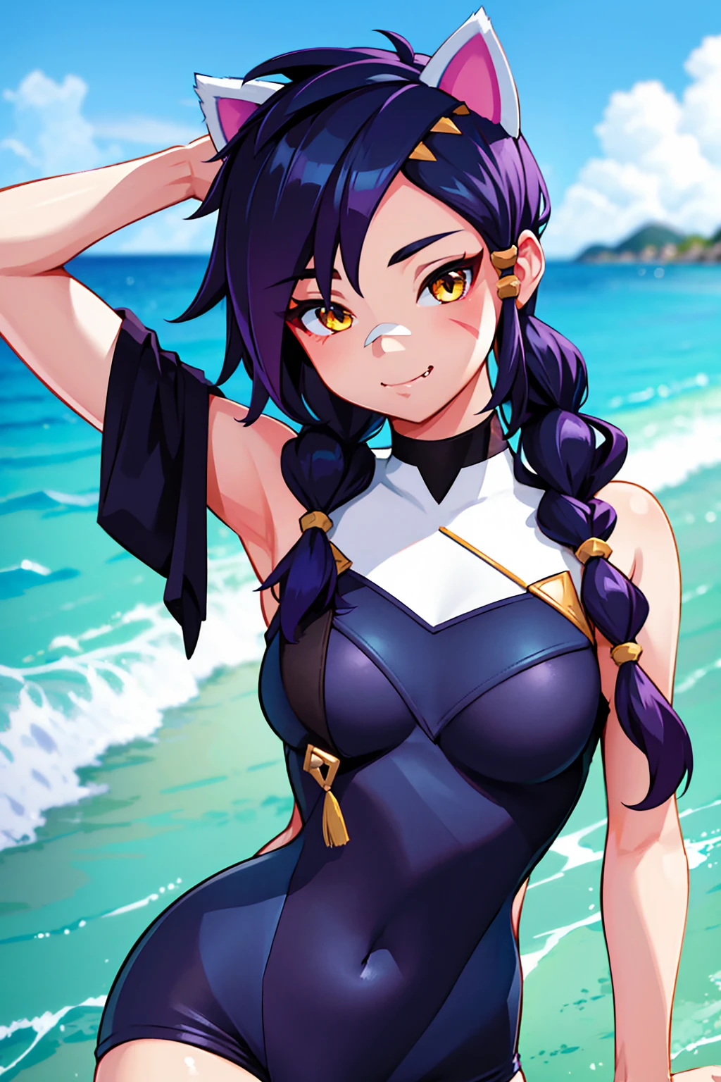 Erisa, 1girl, solo, long hair, looking at viewer, black hair, bandaid on face, yellow eyes, animal ears, smile, bandaid on nose, braid, cat ears, bandaid, bangs, breasts, fake animal ears, simple background, fang, bare shoulders, scar, bare shoulders, closed mouth, hair over one eye, portrait, hair over shoulder, legs, seductive, bathing suit, 2 piece swimsuit, beach, realistic, highly detailed face, detailed eyes, best quality, masterpiece, ultra detail, ultra high res, extreme detail, 8k, uhd, voluptuous