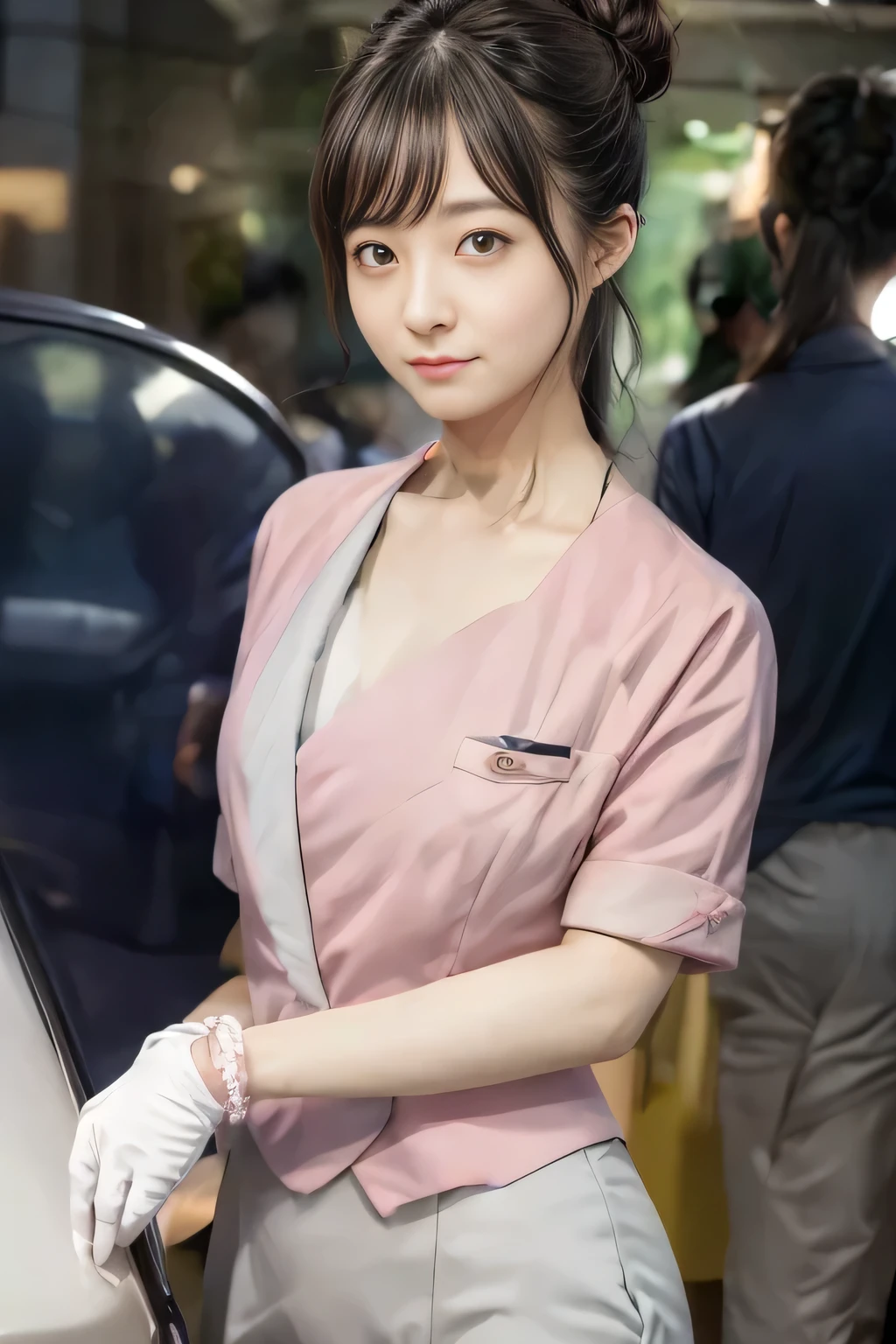 (masterpiece:1.2, highest quality:1.2), 32K HDR, High resolution, (alone、1 girl)、（On the rooftop of a building in the daytime、Professional Lighting）、Building rooftop background、（Nankai train crew uniform pinkを着たリアルスタイル）、（Nankai train crew uniform pink short sleeve pink jacket、Nankai Train Crew Uniform Pink Collarless Short Sleeve Blouse、Nankai Train Crew Uniform Pink Grey Knee-length Culottes）、Dark brown hair、（Hair tied up、Hair Bun、Hair Bun）、Dark brown hair、Long Shot、Big Breasts、Thin legs、（（Great hands：2.0）），（（Harmonious body proportions：1.5）），（（Normal limbs：2.0）），（（Normal finger：2.0）），（（Delicate eyes：2.0）），（（Normal eyes：2.0））)、smile、（Nankai Train Crew Uniform Pink Grey Knee-length Culottesを見せた美しい座る姿）、Place your hands around your stomach