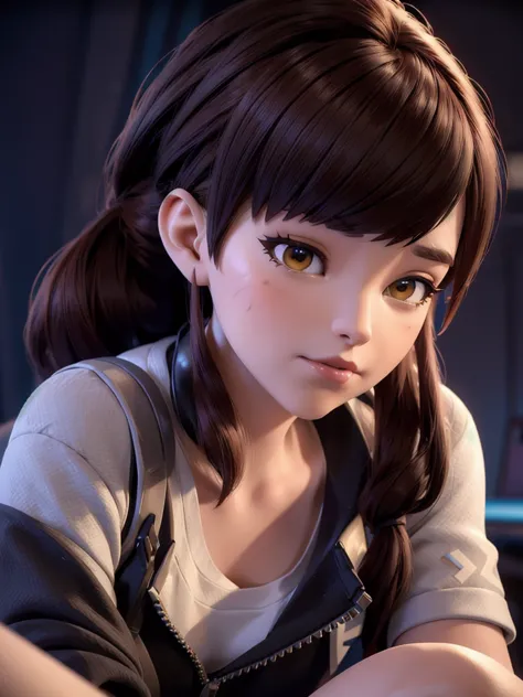 (DVA from Overwatch) without mech, a woman with short brown hair in a (ponytail),she sits on her bed with her legs spread, high ...