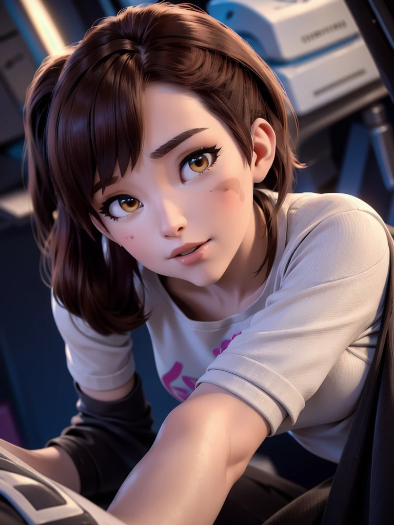 (DVA from Overwatch) without mech, a woman with short brown hair in a (ponytail),she sits on her bed with her legs spread, high quality refelctions, volumetric lighting, wearing a (plain white t-shirt), in her bedroom on her bed, 1 girl solo, cinematic lighting, high resolution, physically-based rendering, 8k, volumetric lighting, hyperrealistic, detailed facial features, masterpiece, full upper body, gaming setup in background, cinematic, you can see the fabric of the shirt and the knits very detailed, small breasts, nsfw, the focus is on her whole body and the environment, cinematic screenshot