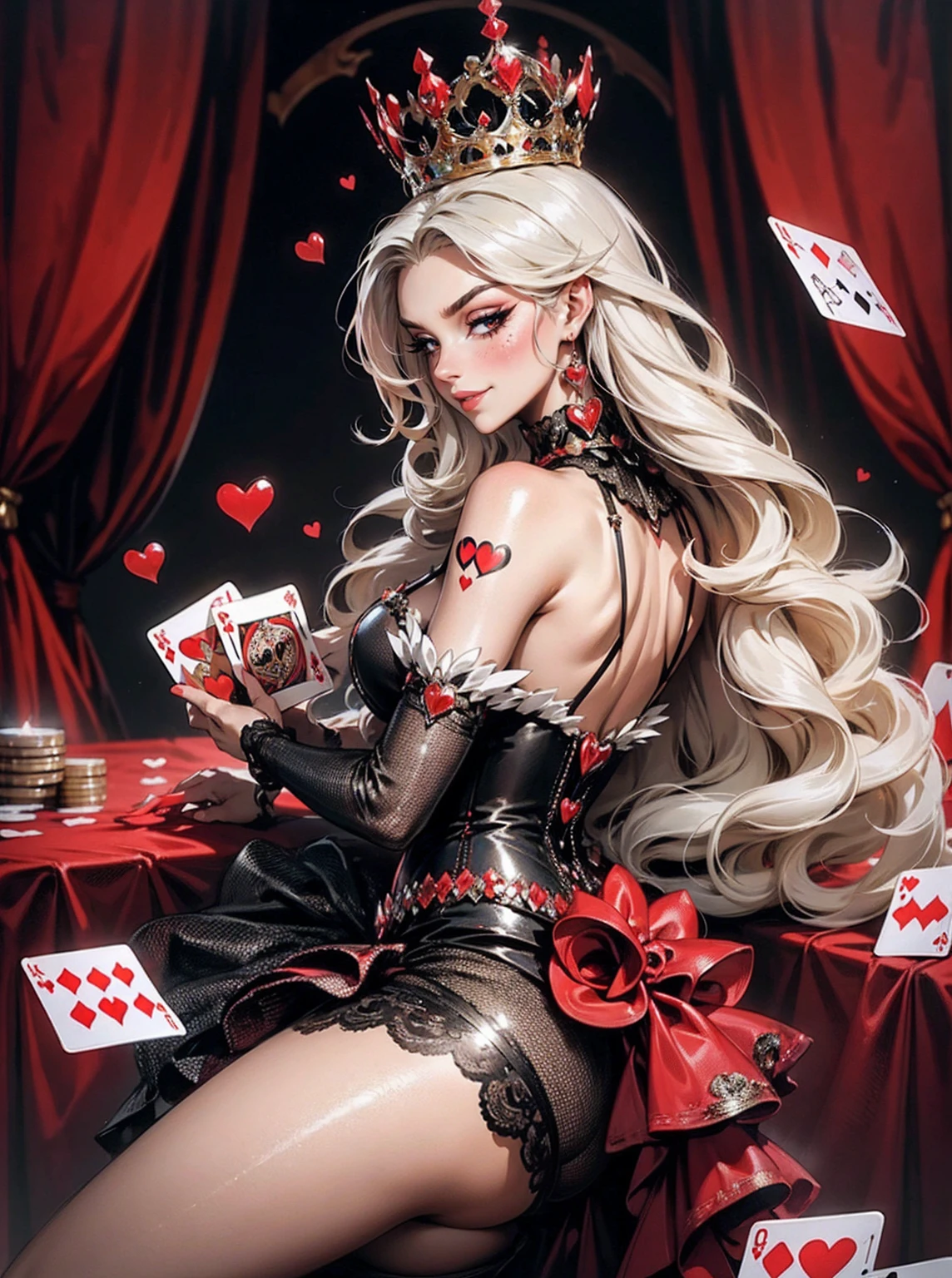 Em um luxuoso cassino, A stunning woman wears an exquisite dress adorned with heart symbols, embodying the royal presence of the Queen of Hearts. Surrounded by a backdrop of poker cards and chips, She exudes confidence and seduction, (black eyes), convidando os jogadores a testar sua sorte e habilidades no jogo de azar. com cabelos curtos, enrolados, cabelos vermelhos (queen of hearts), backwards, looking back, sorrindo, sorriso largo