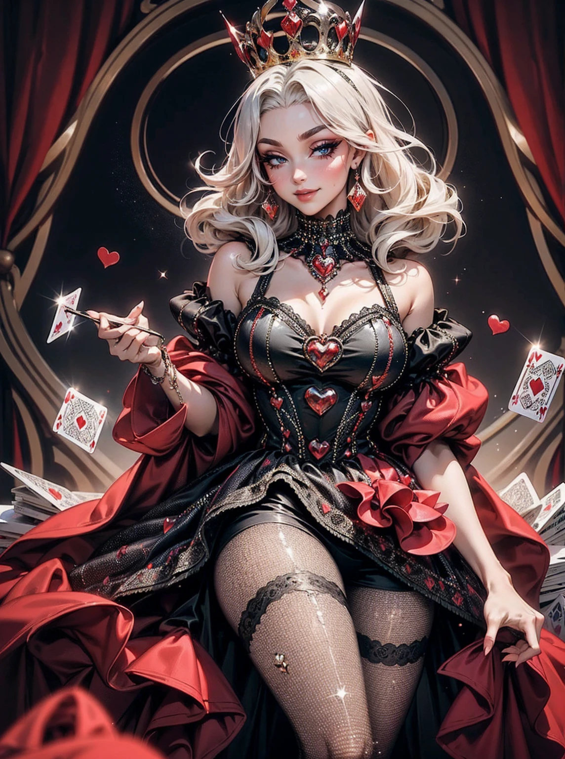 Em um luxuoso cassino, A stunning woman wears an exquisite dress adorned with heart symbols, embodying the royal presence of the Queen of Hearts. Surrounded by a backdrop of poker cards and chips, She exudes confidence and seduction, (black eyes), convidando os jogadores a testar sua sorte e habilidades no jogo de azar. com cabelos curtos, enrolados, cabelos vermelhos (queen of hearts), backwards, looking back, sorrindo, sorriso largo