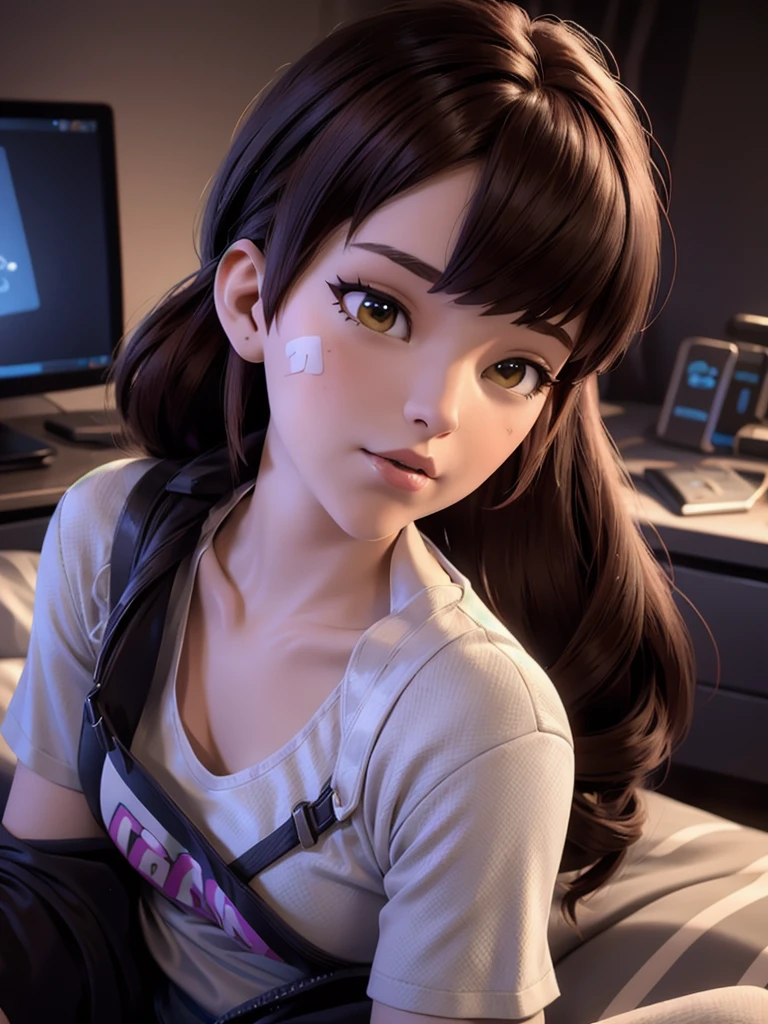 (DVA from Overwatch) without mech, a woman with short brown hair in a (ponytail),she sits on her bed with her legs spread, high quality refelctions, volumetric lighting, wearing a (plain white t-shirt), in her bedroom on her bed, 1 girl solo, cinematic lighting, high resolution, physically-based rendering, 8k, volumetric lighting, hyperrealistic, detailed facial features, masterpiece, full upper body, gaming setup in background, cinematic, you can see the fabric of the shirt and the knits very detailed, small breasts, nsfw, the focus is on her whole body and the environment, cinematic screenshot, you can see the whole room and her sitting on the bed