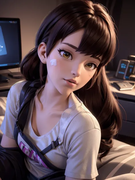 (DVA from Overwatch) without mech, a woman with short brown hair in a (ponytail),she sits on her bed with her legs spread, high ...