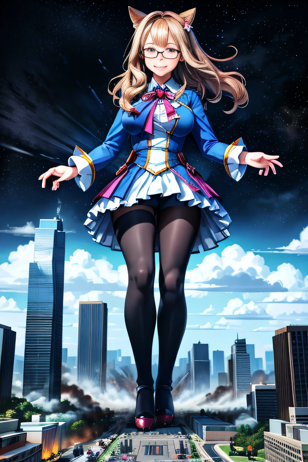 giantess art, highly detailed giantess shots, giantess, most detailed, perfect face, Two legs, Five fingers, A beautiful girl who is bigger than a skyscraper, Wearing rimless glasses, smile, huge breasts, blue base magical girl dress, bow, magical girl, holding a magical wand, black pantyhose, blue stiletto heels, thunderbolt from a magical wand, Destroying cities, Under heavy attack, A very small big city, Miniature metropolis, Full body description, GTS, giga giantess, stomping city, crash city, tiny city, micro city, pantyhose feet, High resolution, highest quality, masterpiece, 