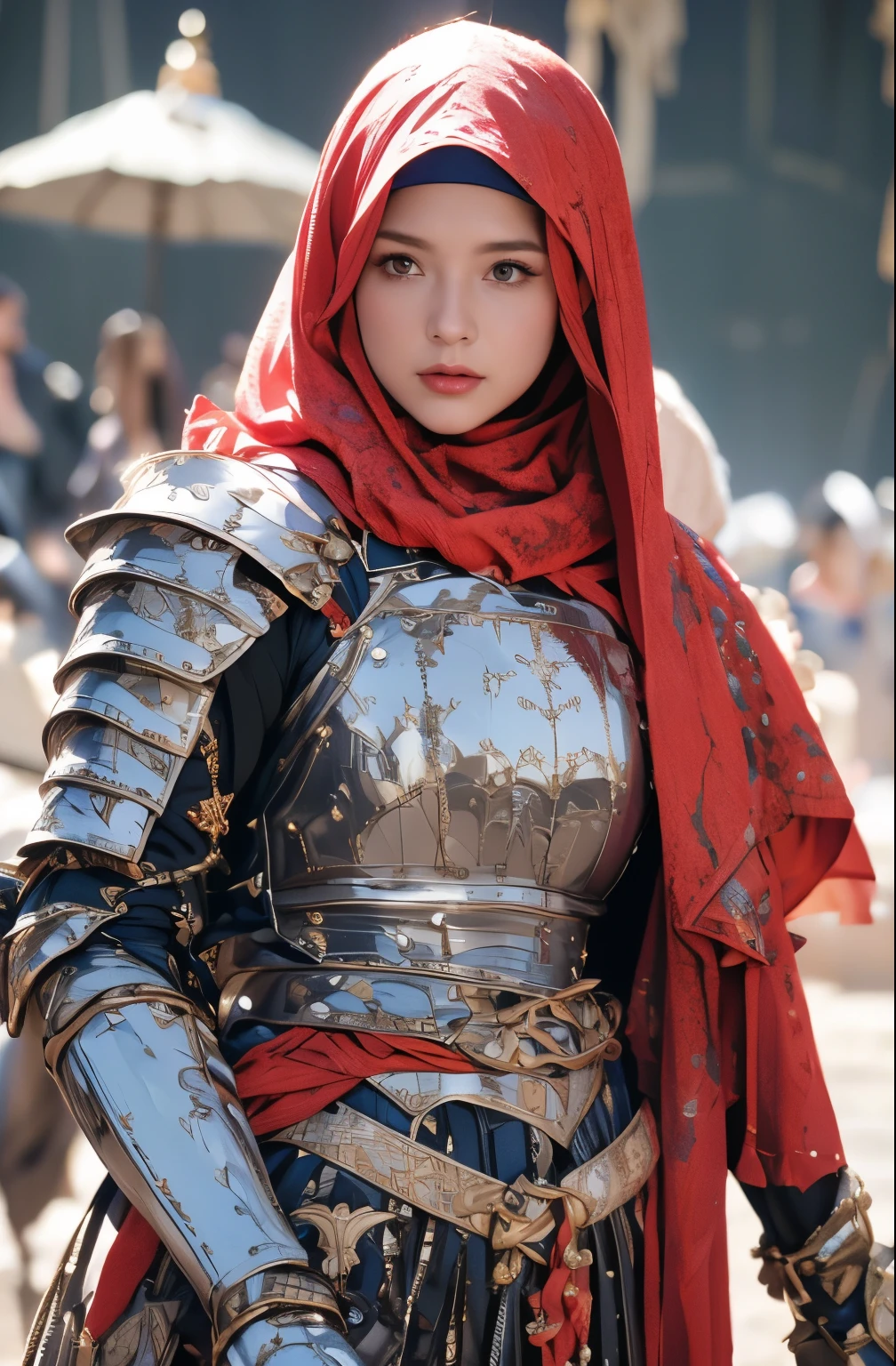 Elegant armor,princess, Full body, wearing a hijab , crown luxury , blue eye, blond hair, around 17 years old, (red silver hijab), tmasterpiece，Best quality at best，A high resolution，8K，((Portrait))，(upper body)，Original photo，real photograph，digital photography, elegant princess ，blue eye， super colossal brest, pointy colossal breast extravagant ornament，cparted lips，Keep your mouth shuegant and charming，((Blushing))，virgin content，Calm and handsome，luxury body armor ((red and silver armor)) , (Medieval fantasy armor, The Beautiful pointy breast, small waist, perfect colossal breast of princess body )oc render reflection texture, elegant style,   colossal breast , medieval castle background, slim body, very small waist, (luxury armor pattern) , super slim ,beautiful like angel 