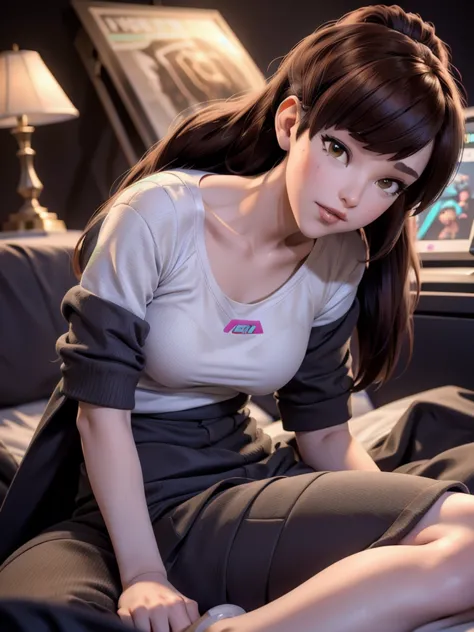 (DVA from Overwatch) without mech, a woman with short brown hair in a (ponytail),she sits on her bed with her legs spread, high ...