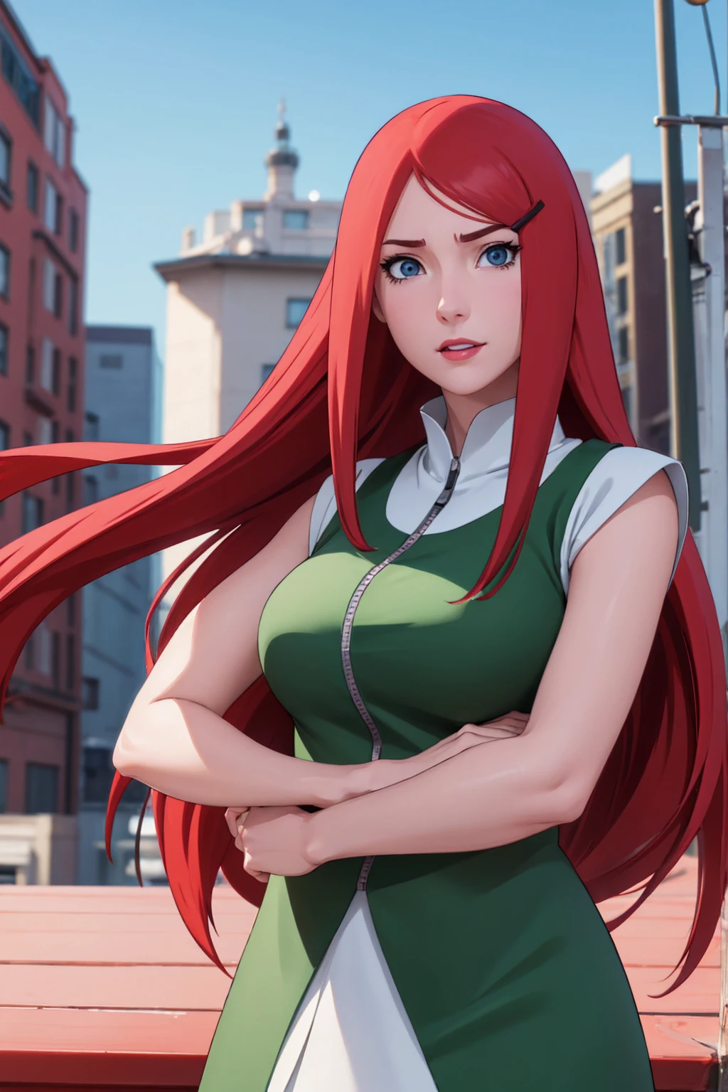 a close up of a person with long hair and a green and white dress, uzumaki kushina, uzumaku kusgiba from anime naruto shippuden, as an anime character, perfect anime face, she has red hair with bangs, female anime character, anime character, anime best girl, hime cut hairstyle, red hair, (red glossy lips:1.3), blue eyes, smile, big , realistic, ultra detail, city background, (beautiful face:1.3)