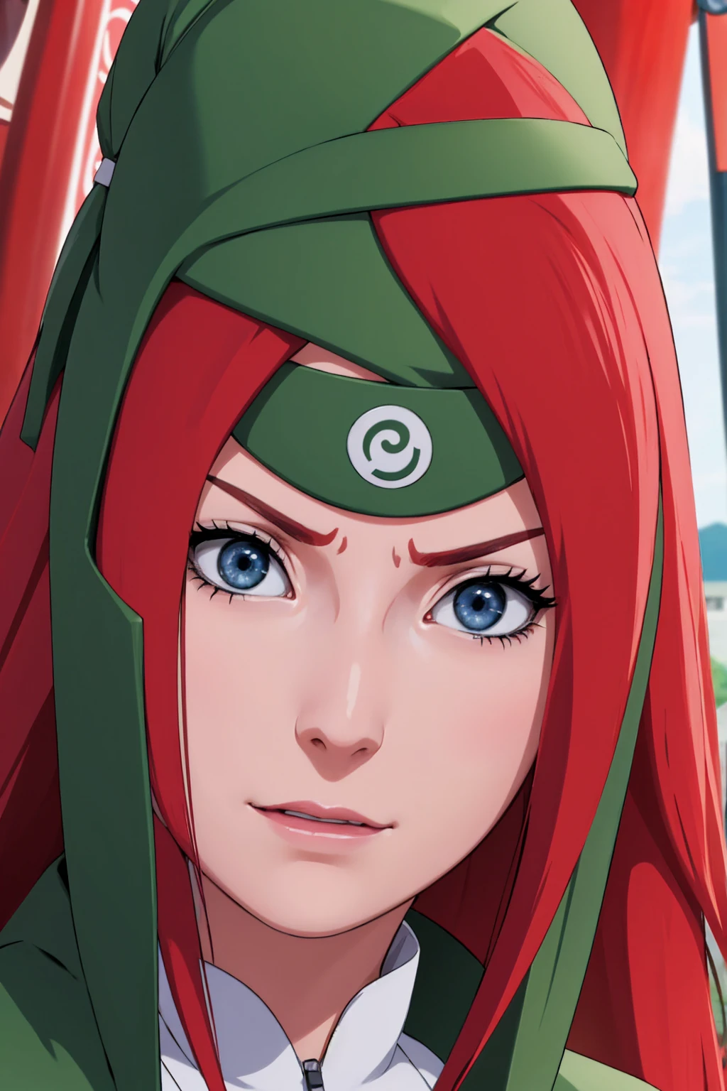 a close up of a person with long hair and a green and white dress, uzumaki kushina, uzumaku kusgiba from anime naruto shippuden, as an anime character, perfect anime face, she has red hair with bangs, female anime character, anime character, anime best girl, hime cut hairstyle, red hair, (red glossy lips:1.3), blue eyes, smile, big , realistic, ultra detail, city background, (beautiful face:1.3)