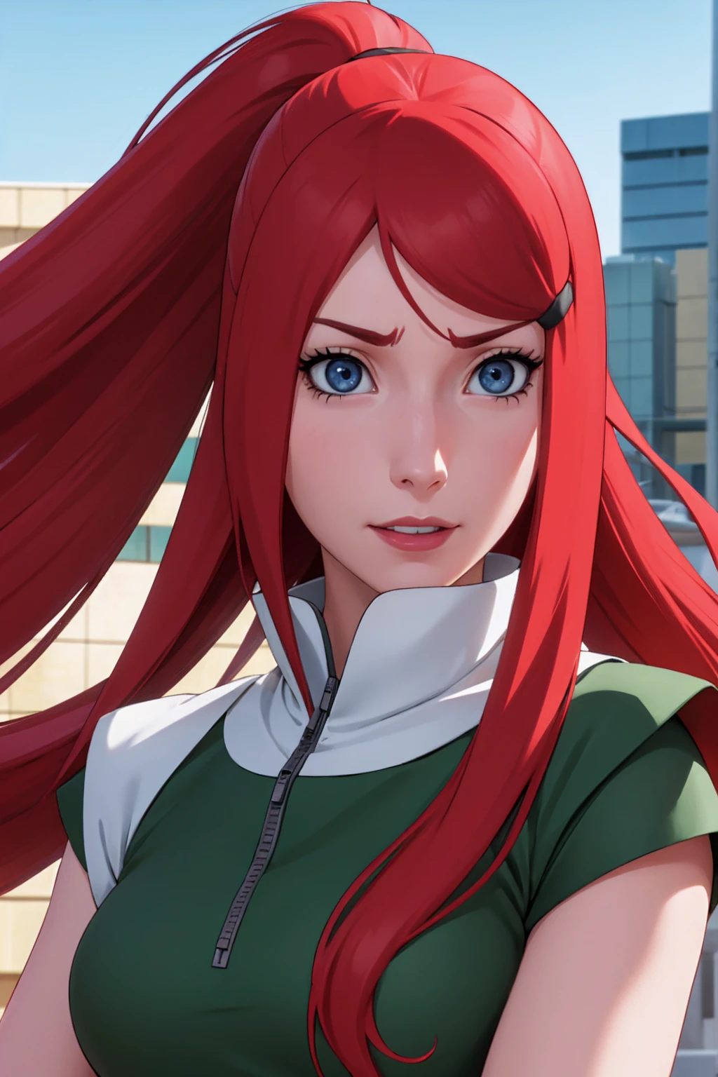 a close up of a person with long hair and a green and white dress, uzumaki kushina, uzumaku kusgiba from anime naruto shippuden, as an anime character, perfect anime face, she has red hair with bangs, female anime character, anime character, anime best girl, hime cut hairstyle, red hair, (red glossy lips:1.3), blue eyes, smile, big , realistic, ultra detail, city background, (beautiful face:1.3)