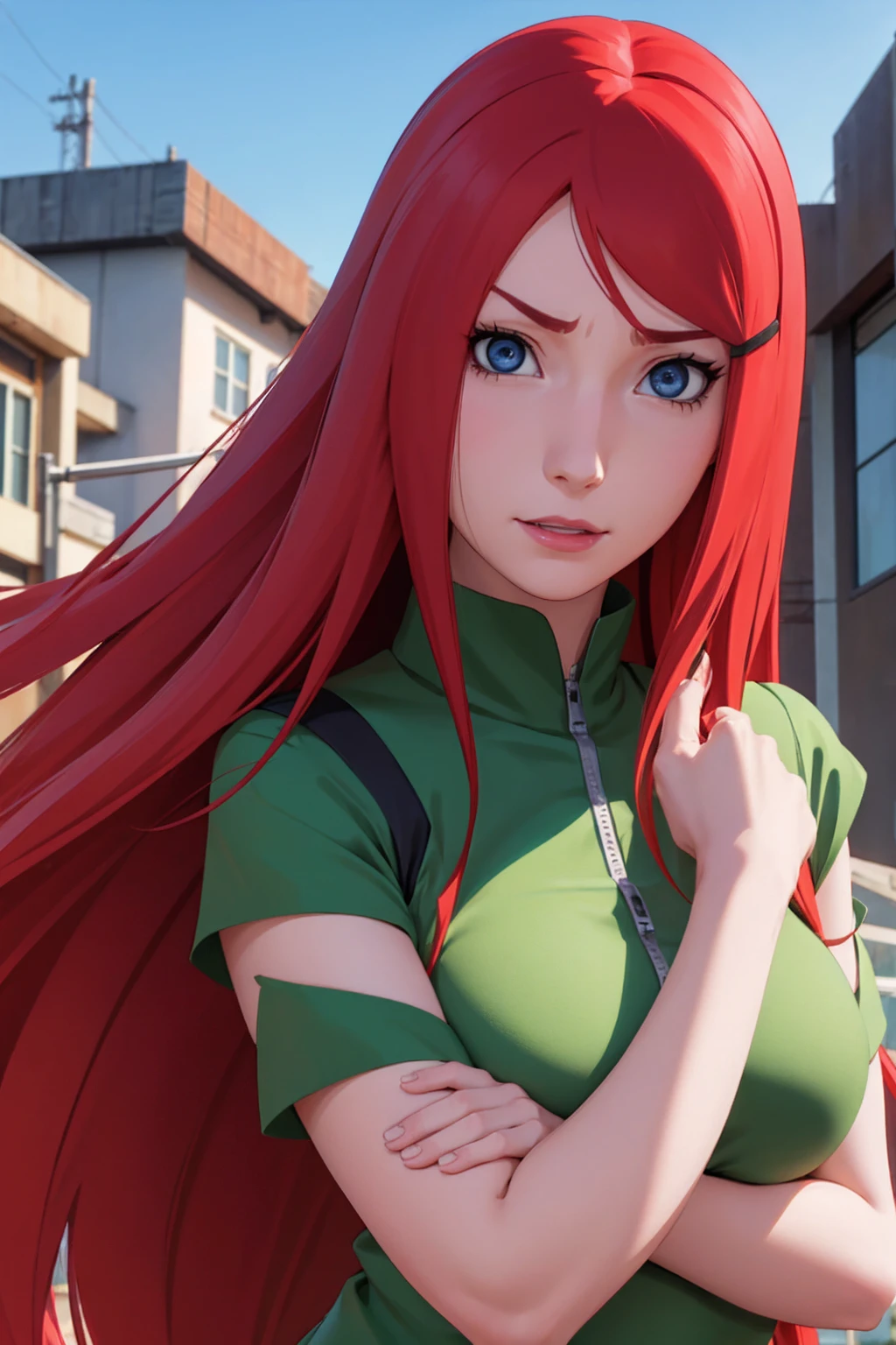 eine Nahaufnahme einer Person mit langen Haaren und einem grün-weißen Kleid, Uzumaki Kushina, Uzumaku Kusgiba aus dem Anime Naruto Shippuden, as an Anime-Figur, perfektes Anime-Gesicht, she has Rote Haare with bangs, female Anime-Figur, Anime-Figur, Anime bestes Mädchen, Hime-Cut-Frisur, Rote Haare, (rote glänzende Lippen:1.3), blaue Augen, lächeln, groß , realistisch, Ultra-Detail, Stadthintergrund, (schönes Gesicht:1.3) wütend